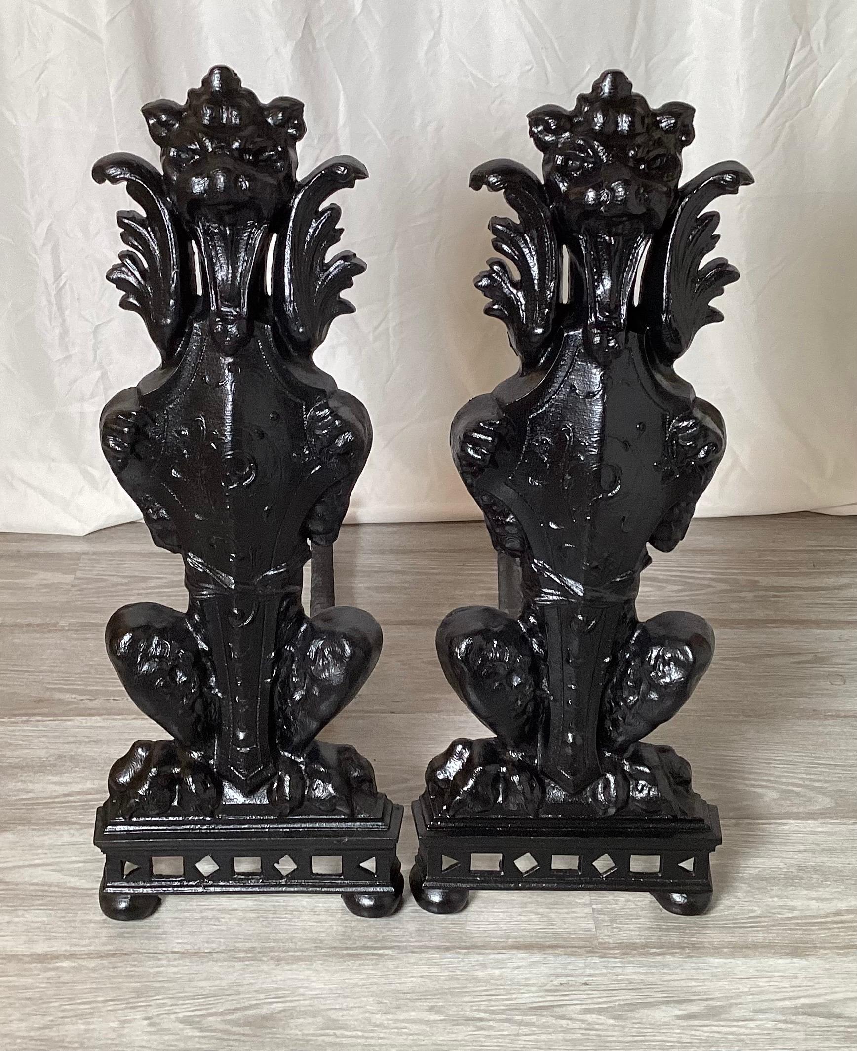Gothic Circa 1900 Pair Of Lion Motif Andirons For Sale