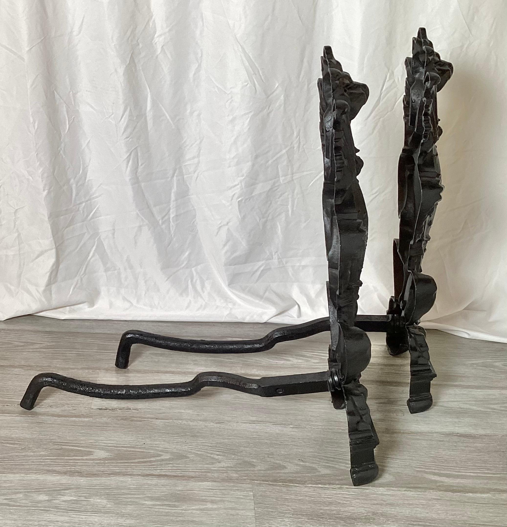 Circa 1900 Pair Of Lion Motif Andirons In Good Condition For Sale In Lambertville, NJ