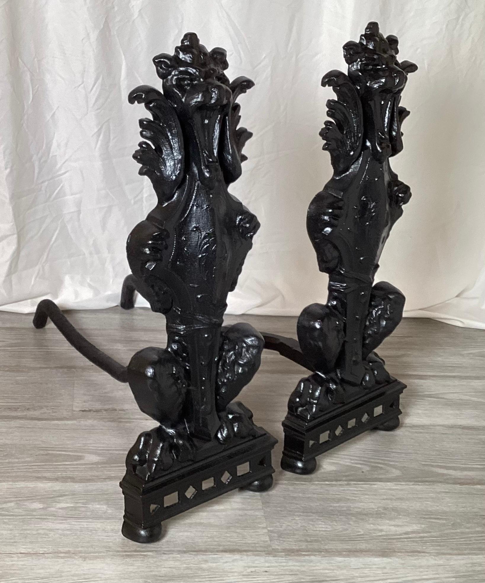 19th Century Circa 1900 Pair Of Lion Motif Andirons For Sale
