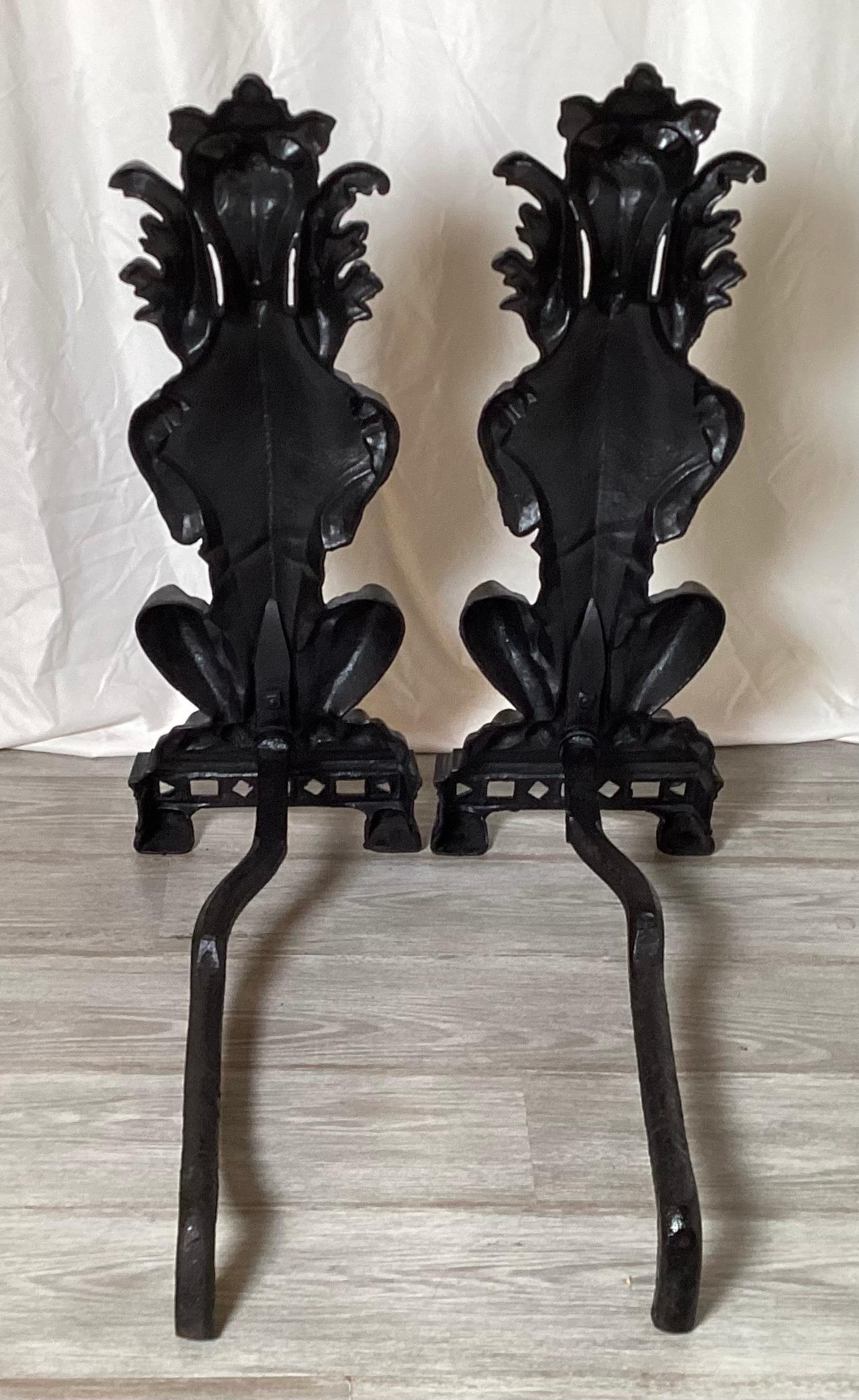 Circa 1900 Pair Of Lion Motif Andirons For Sale 1