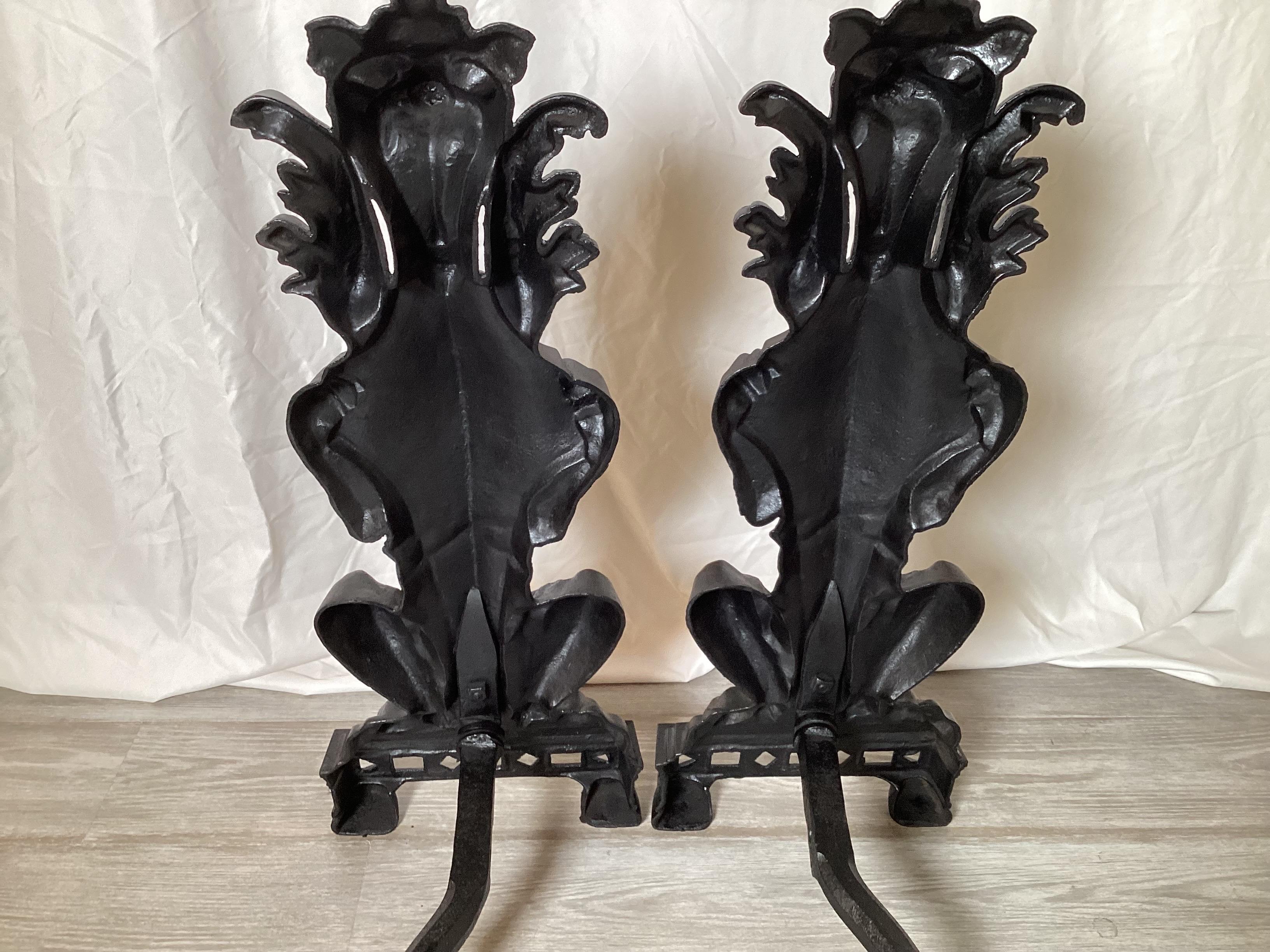 Circa 1900 Pair Of Lion Motif Andirons For Sale 2