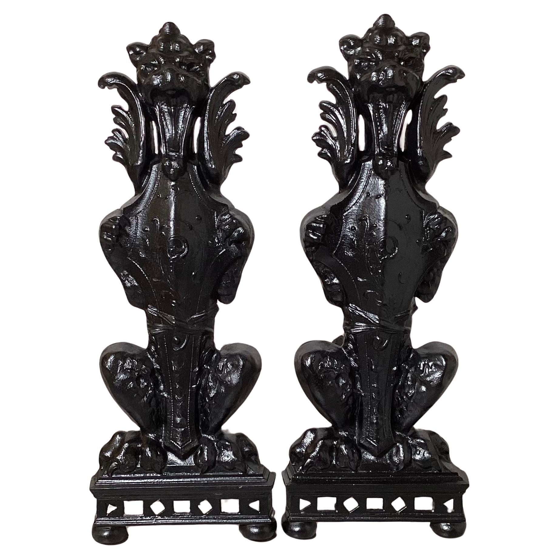 Circa 1900 Pair Of Lion Motif Andirons For Sale