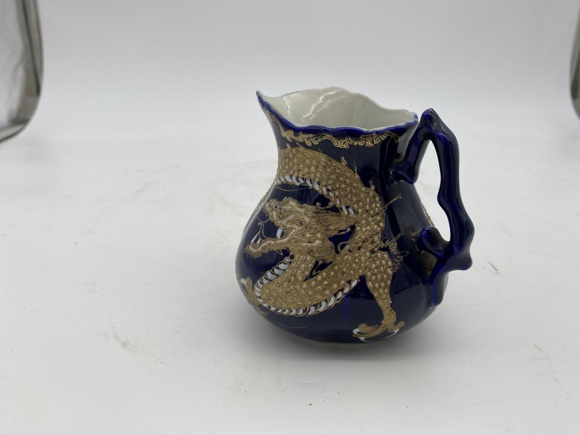 Early 20th Century Pre-War Cobalt Creamer with Silver Leaf Chinese Dragon, circa 1900  For Sale