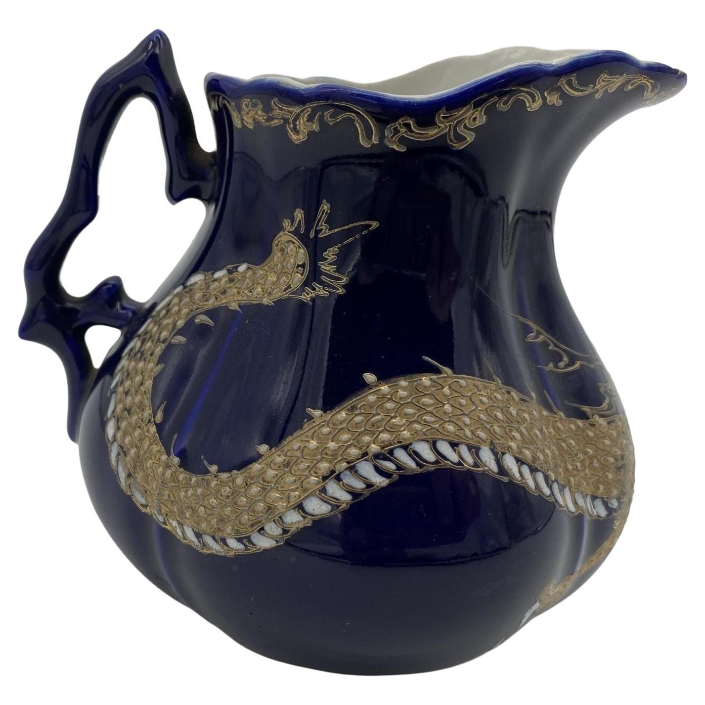 Pre-War Cobalt Creamer with Silver Leaf Chinese Dragon, circa 1900  For Sale