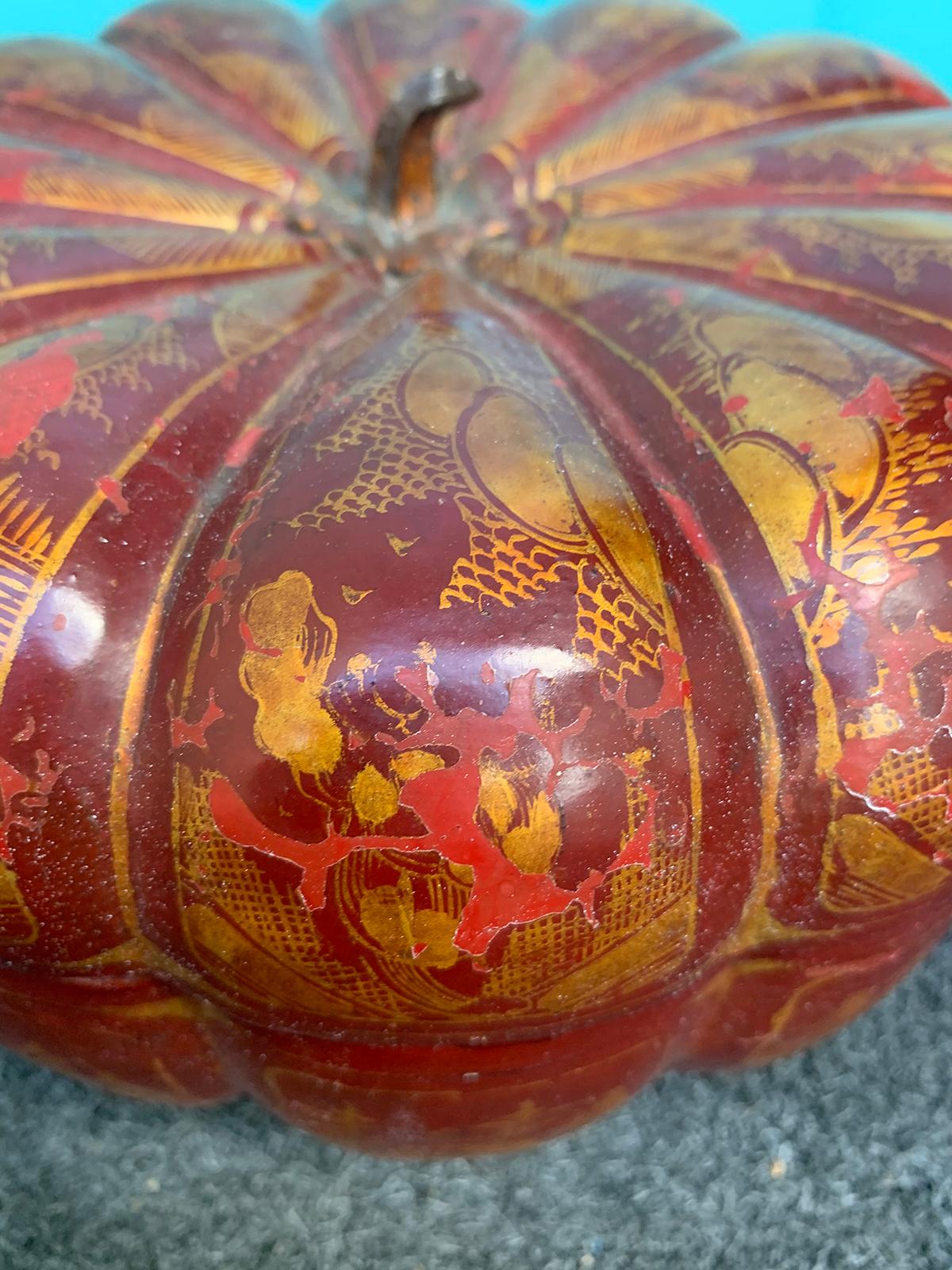 Wood Red Chinoiserie Melon Shape Box with Insert, circa 1900