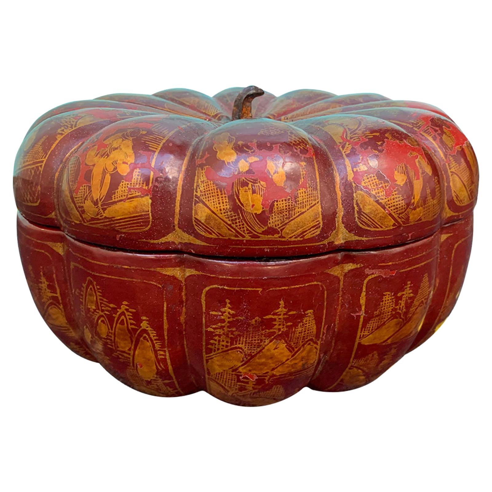 Red Chinoiserie Melon Shape Box with Insert, circa 1900