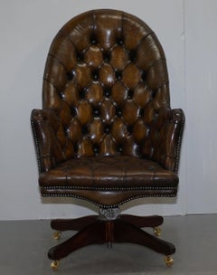 Restored Chesterfield Cigar Brown Leather Captains Armchair Hillcrest circa 1900
