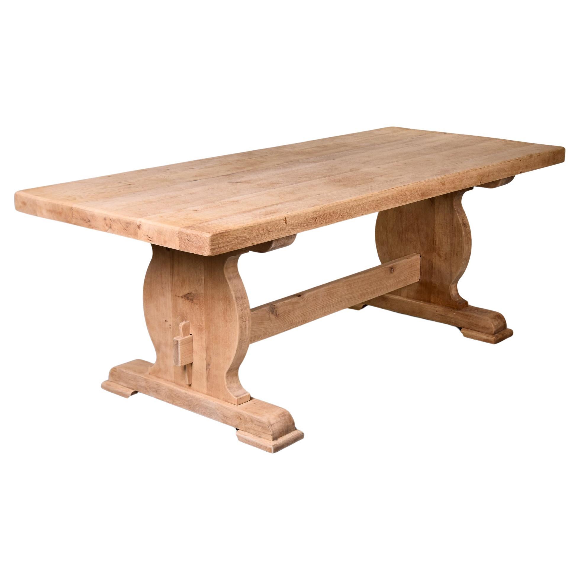 Circa 1900 Sanded Bare Oak French Country Trestle Table For Sale