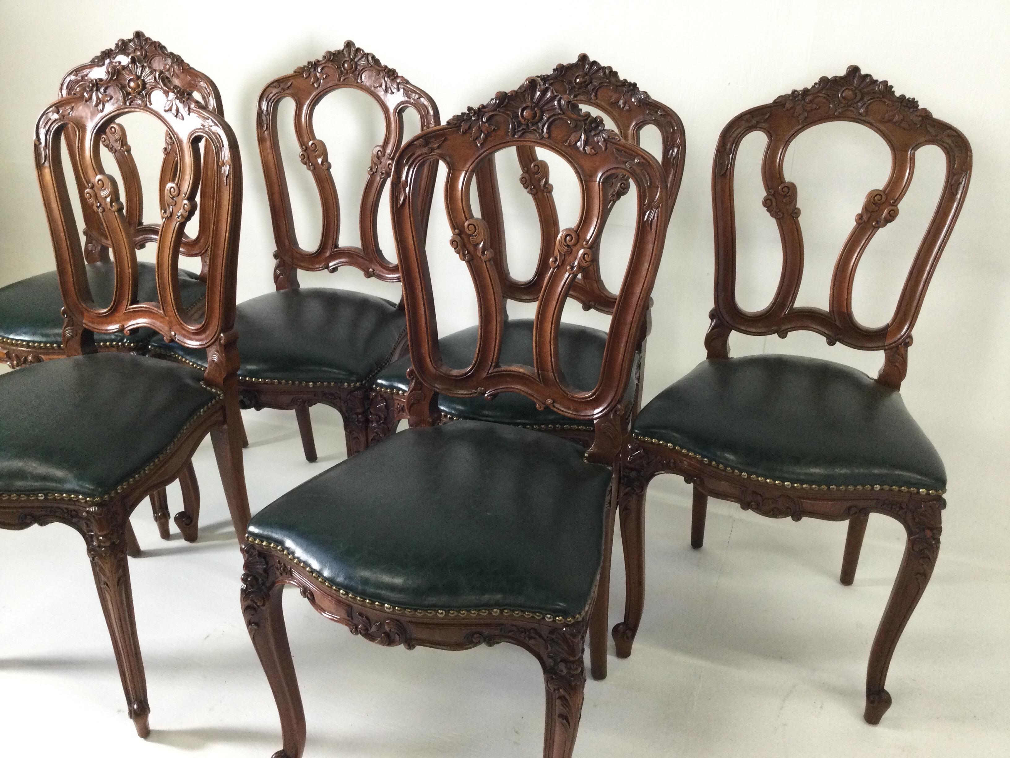 French Provincial Set of Six Carved French Style Walnut Chairs with Green Leather Seats circa 1900