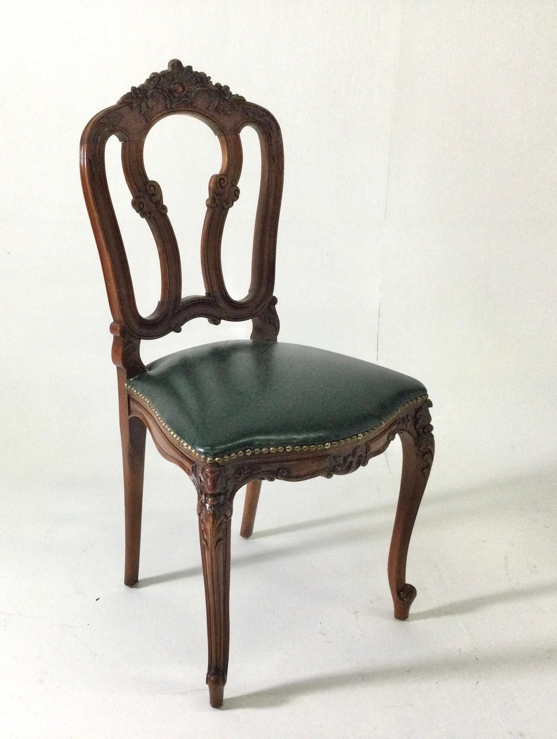 European Set of Six Carved French Style Walnut Chairs with Green Leather Seats circa 1900