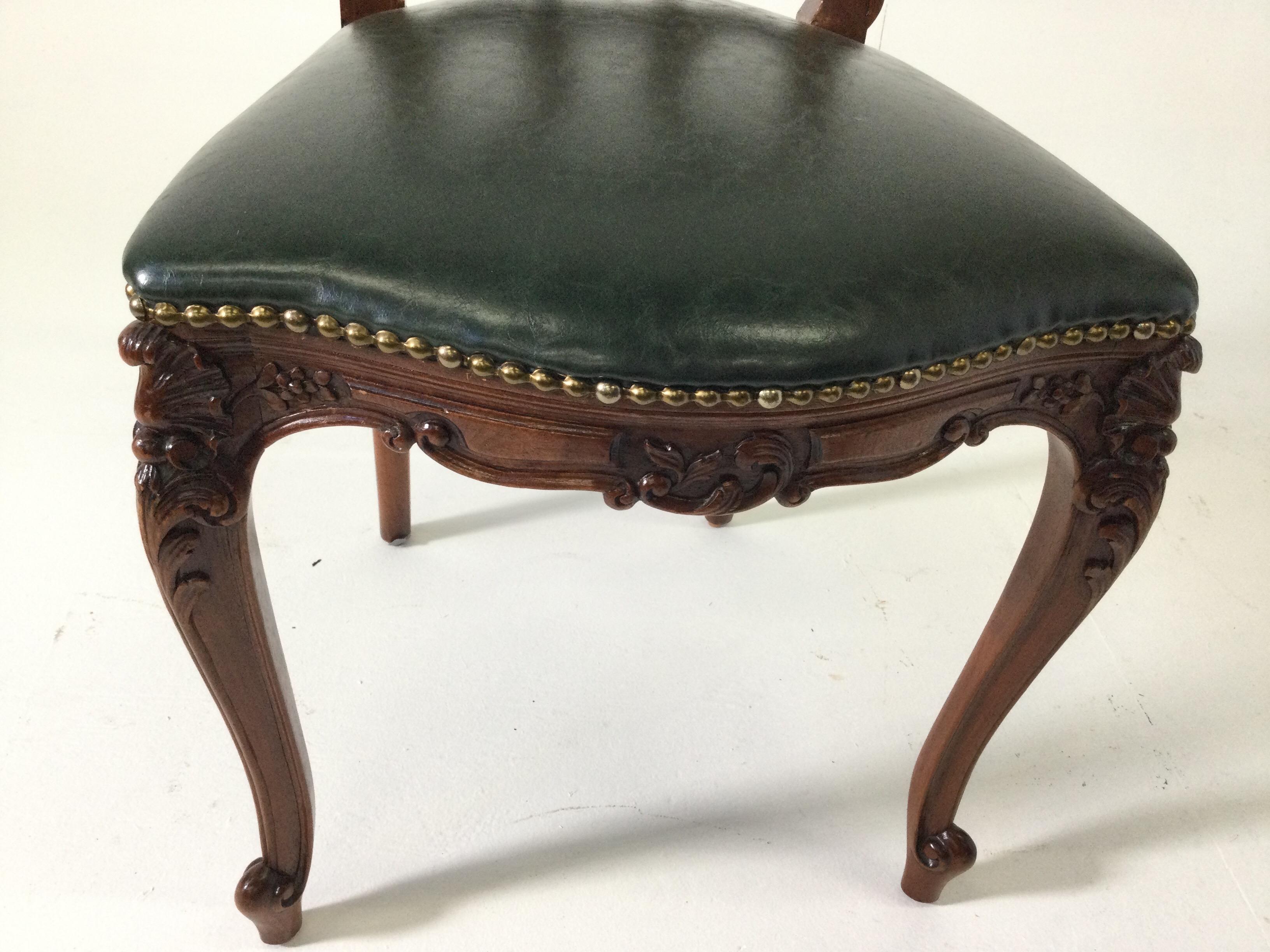 Early 20th Century Set of Six Carved French Style Walnut Chairs with Green Leather Seats circa 1900