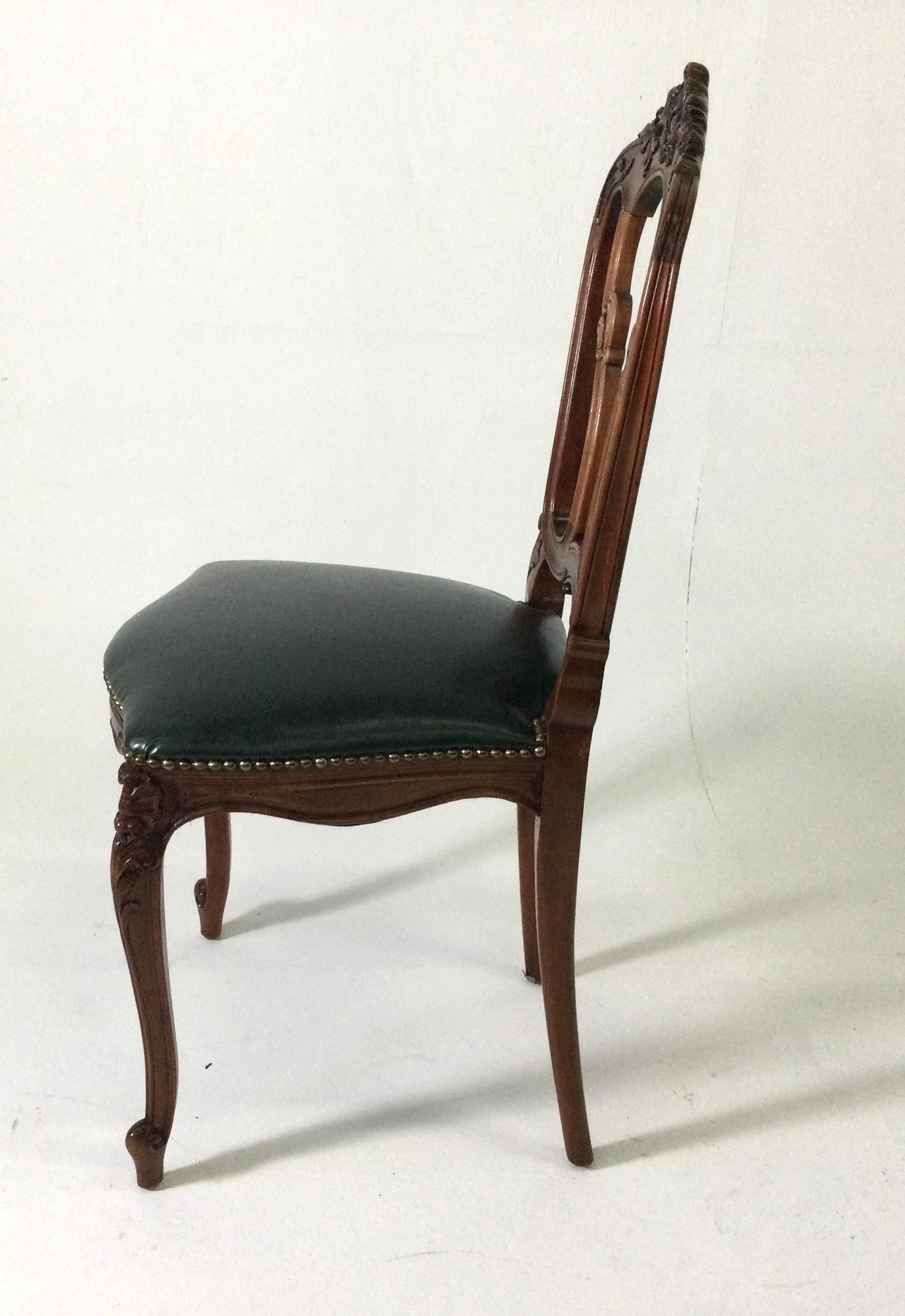 Set of Six Carved French Style Walnut Chairs with Green Leather Seats circa 1900 1