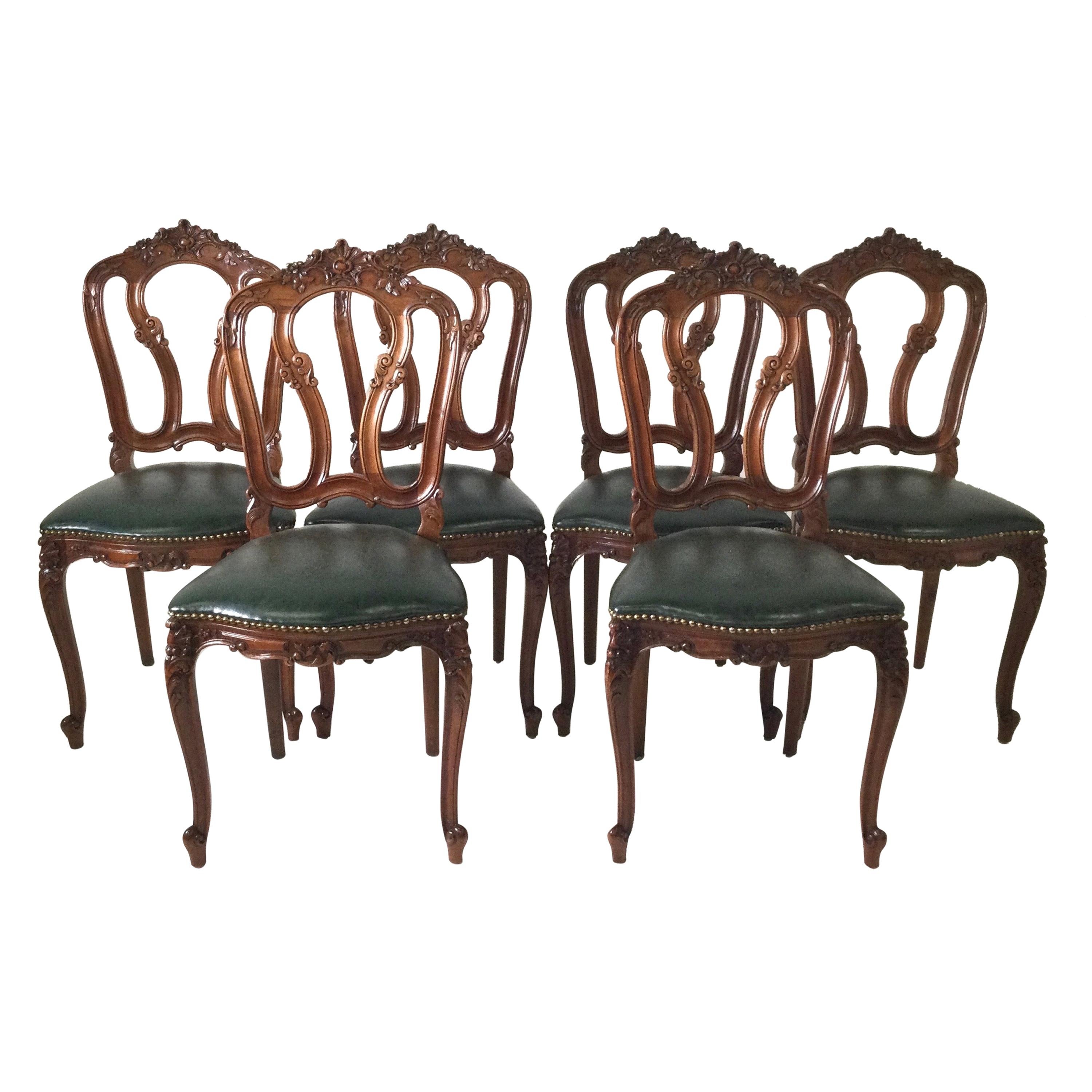 Set of Six Carved French Style Walnut Chairs with Green Leather Seats circa 1900
