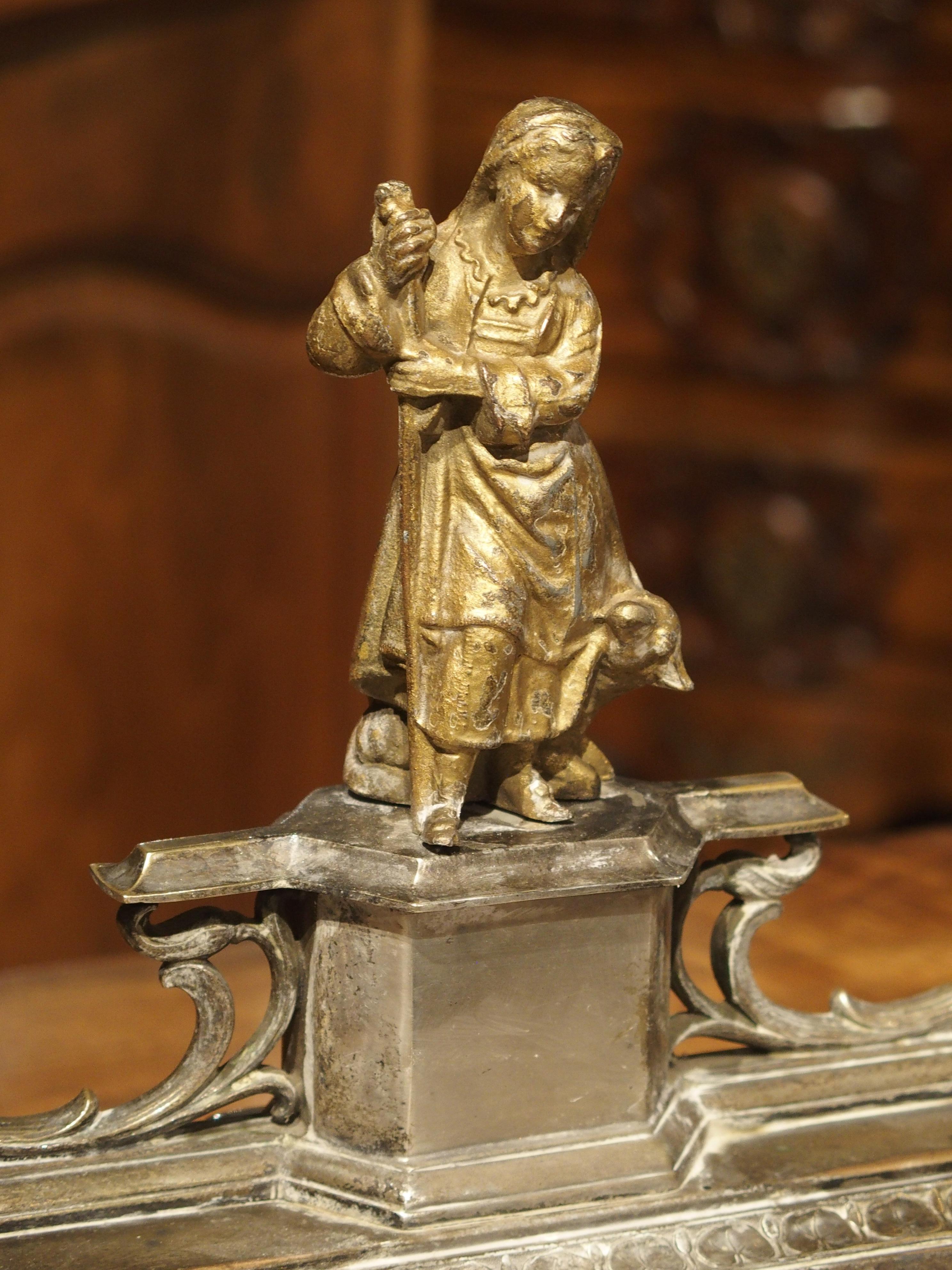 Silvered Brass and Gilt Encrier with Shepherdess and Monogram, circa 1900 For Sale 3