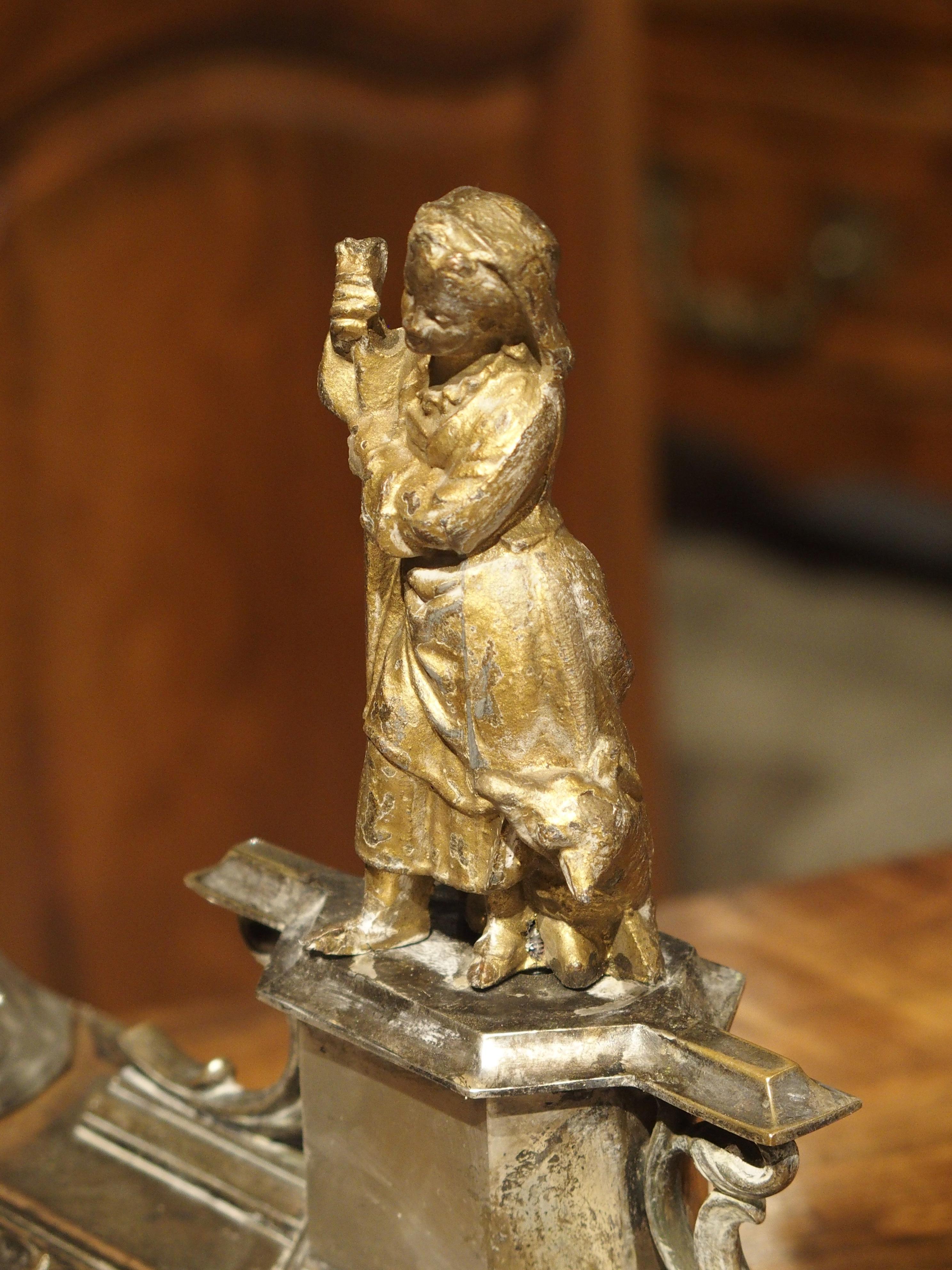 Silvered Brass and Gilt Encrier with Shepherdess and Monogram, circa 1900 For Sale 6