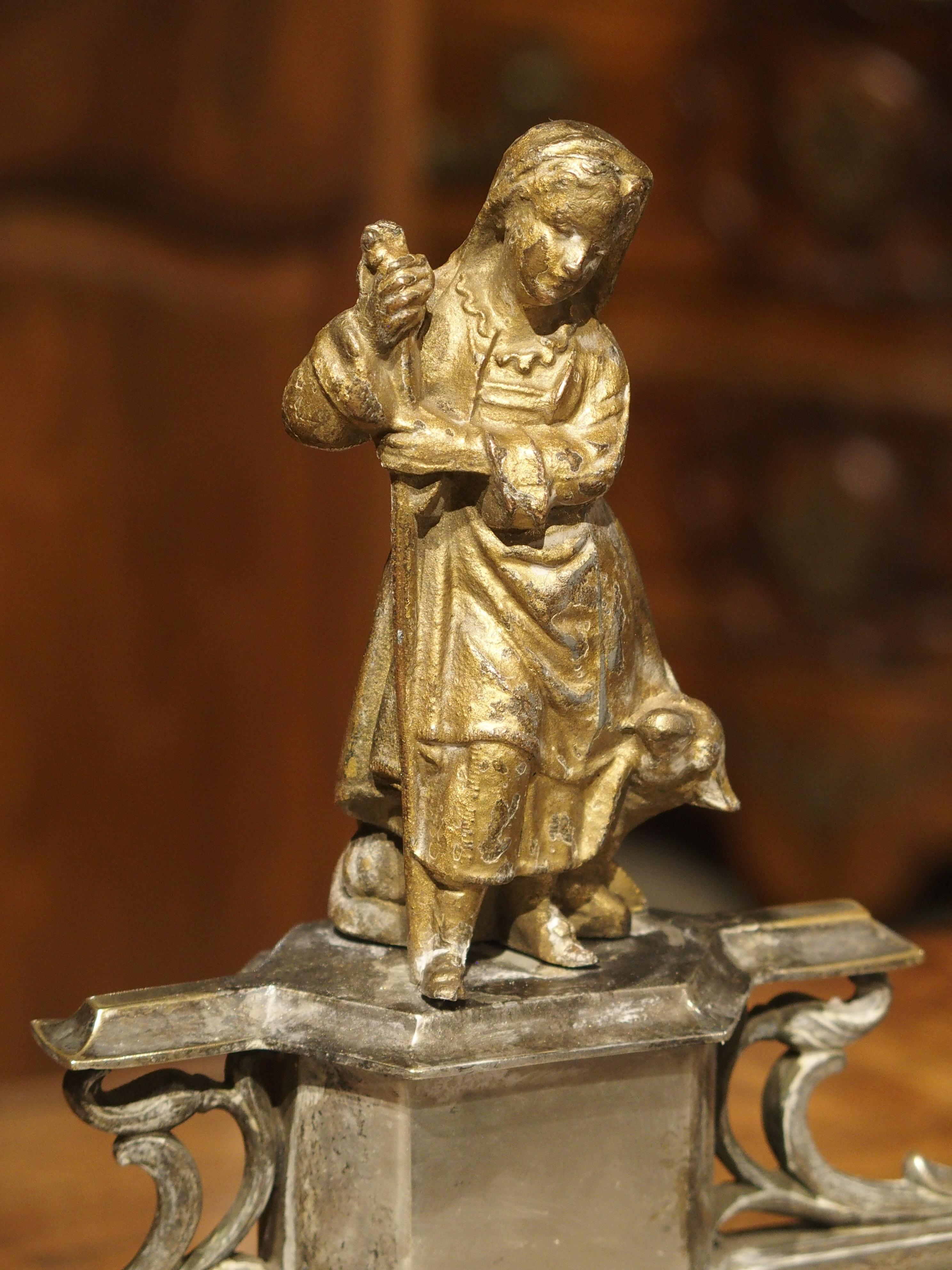 German Silvered Brass and Gilt Encrier with Shepherdess and Monogram, circa 1900 For Sale