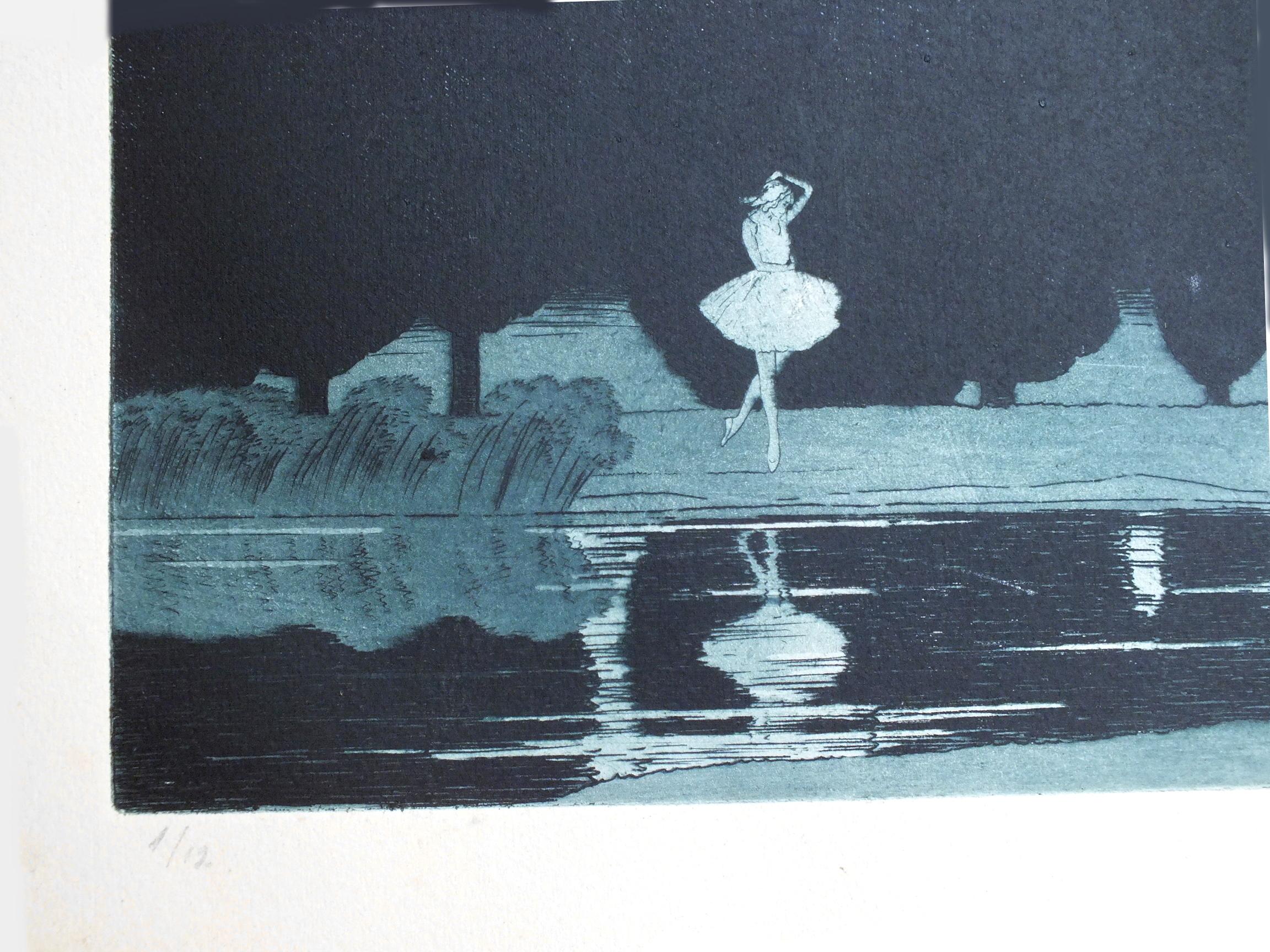 Art Nouveau circa 1900 Sir Claude Francis Barry Aquatint Etching of a Ballet Dancer in Swan  For Sale