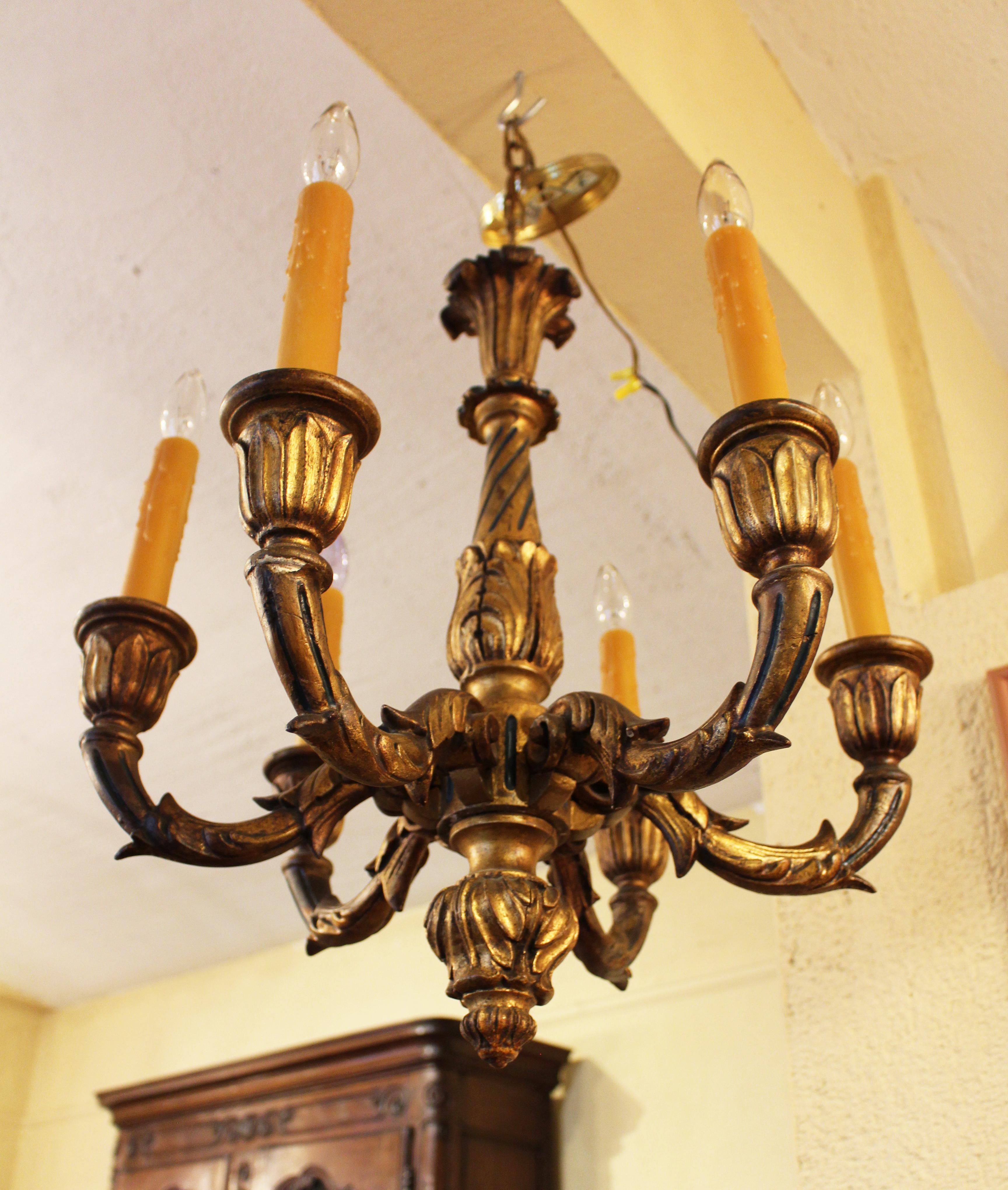 Carved Circa 1900 Six-Light Renaissance Revival Gilt and Blue Accented Chandelier