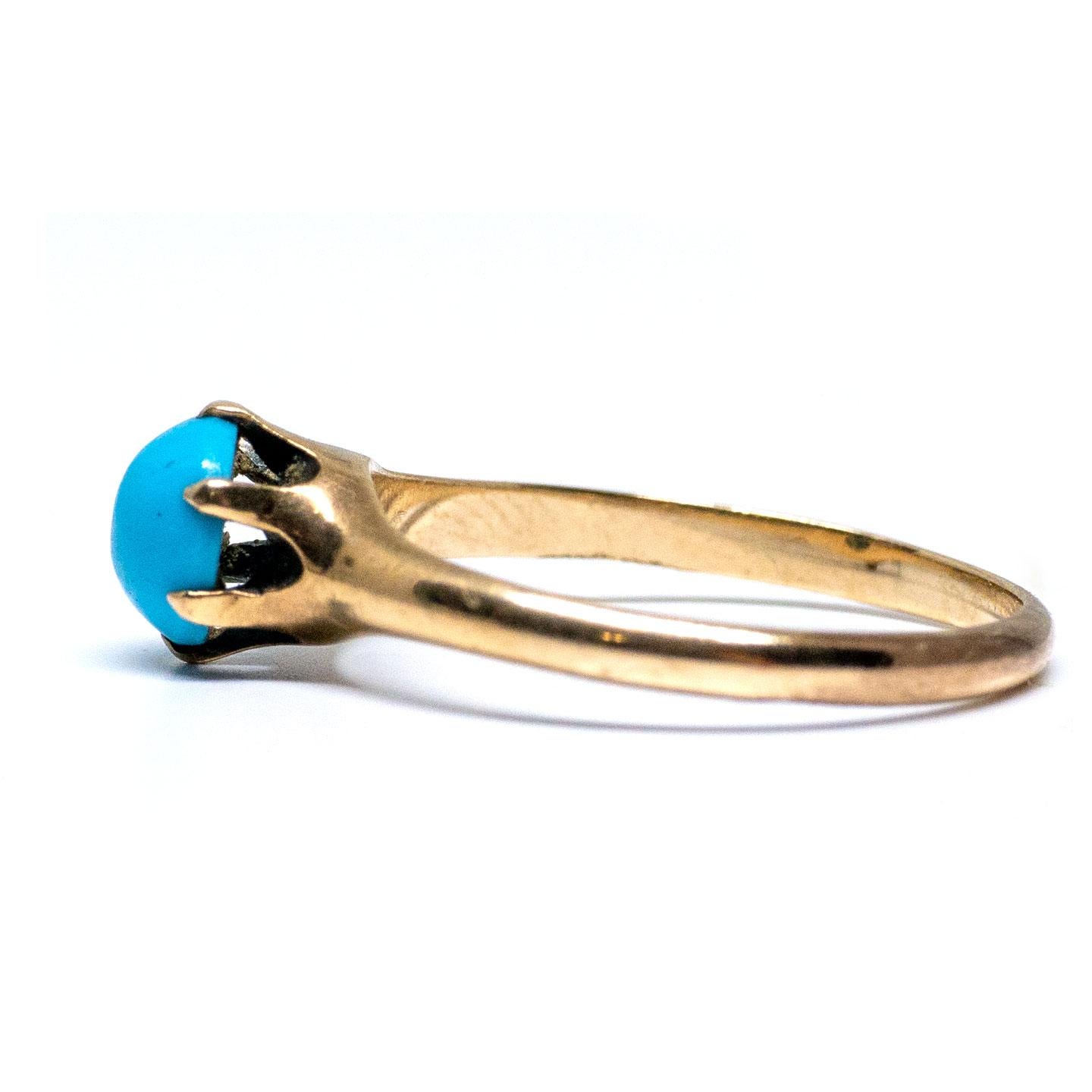Description: 
This little sweetheart is the perfect addition to any vintage jewelry lover's collection! The genuine turquoise cab is a lovely shade of robins egg blue that will complement so many styles. The low profile prong set head holds the