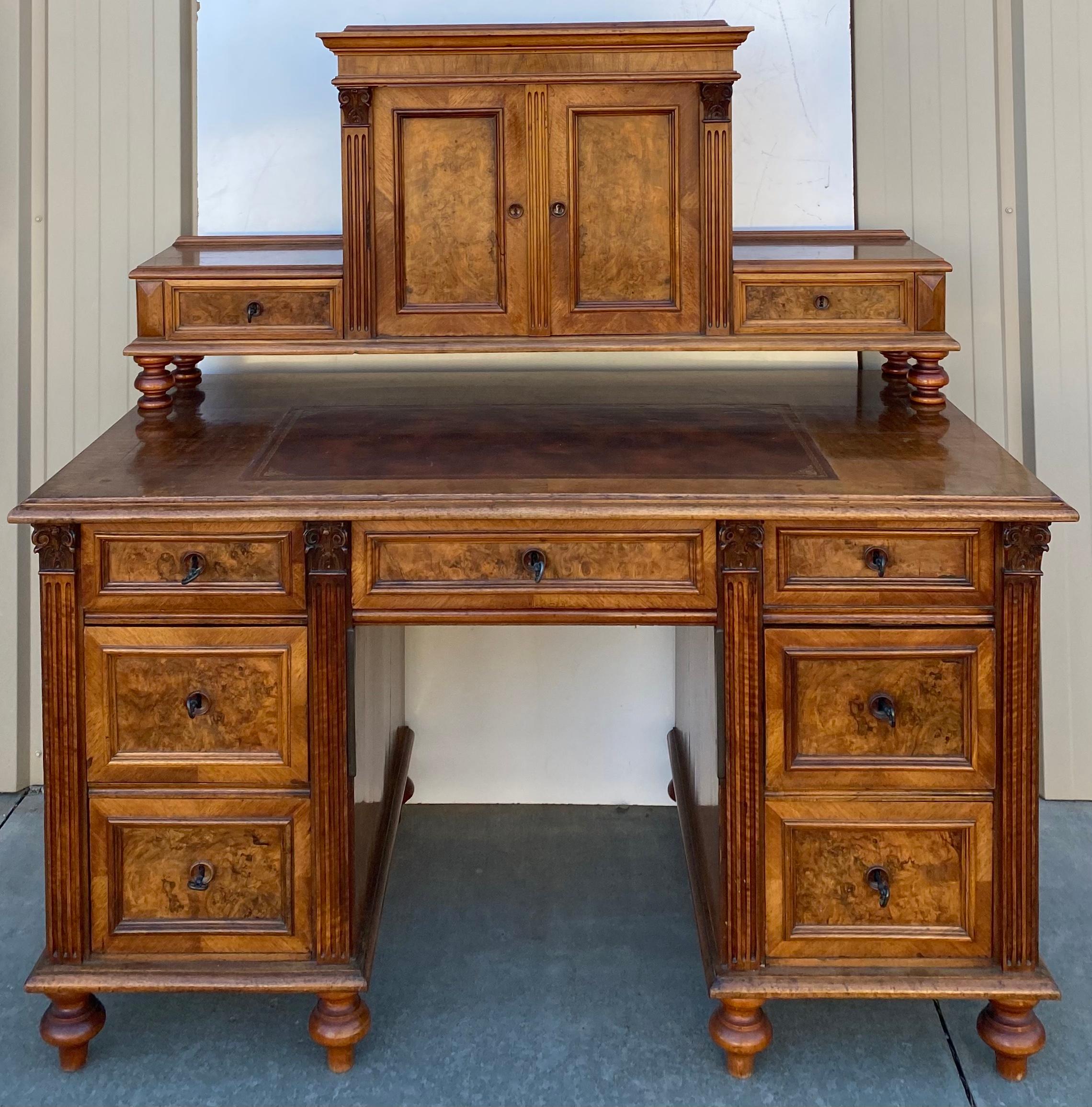 Victorian Burl Neoclassical Style Walnut and Tooled Leather Desk, circa 1900 2
