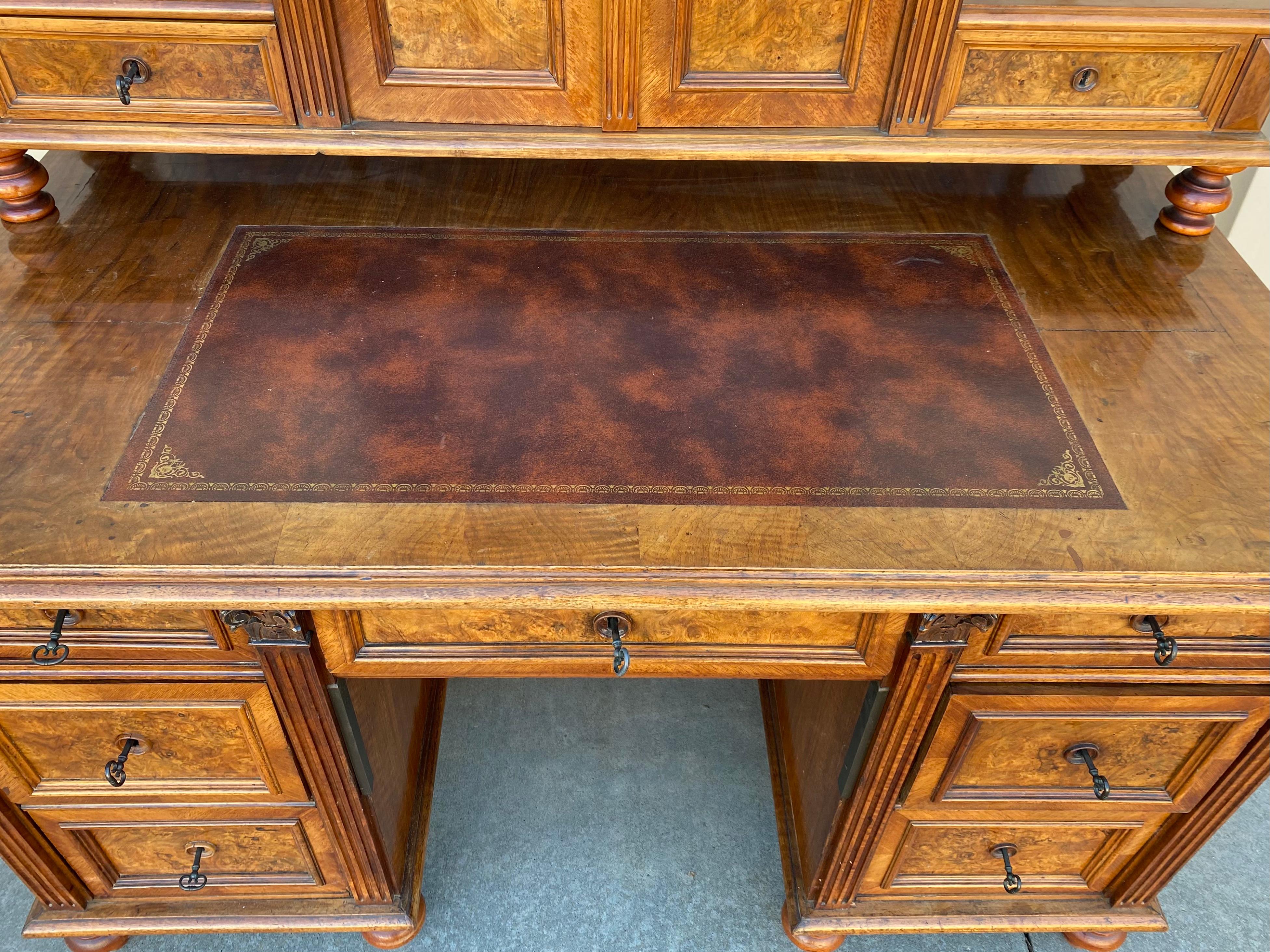 20th Century Victorian Burl Neoclassical Style Walnut and Tooled Leather Desk, circa 1900