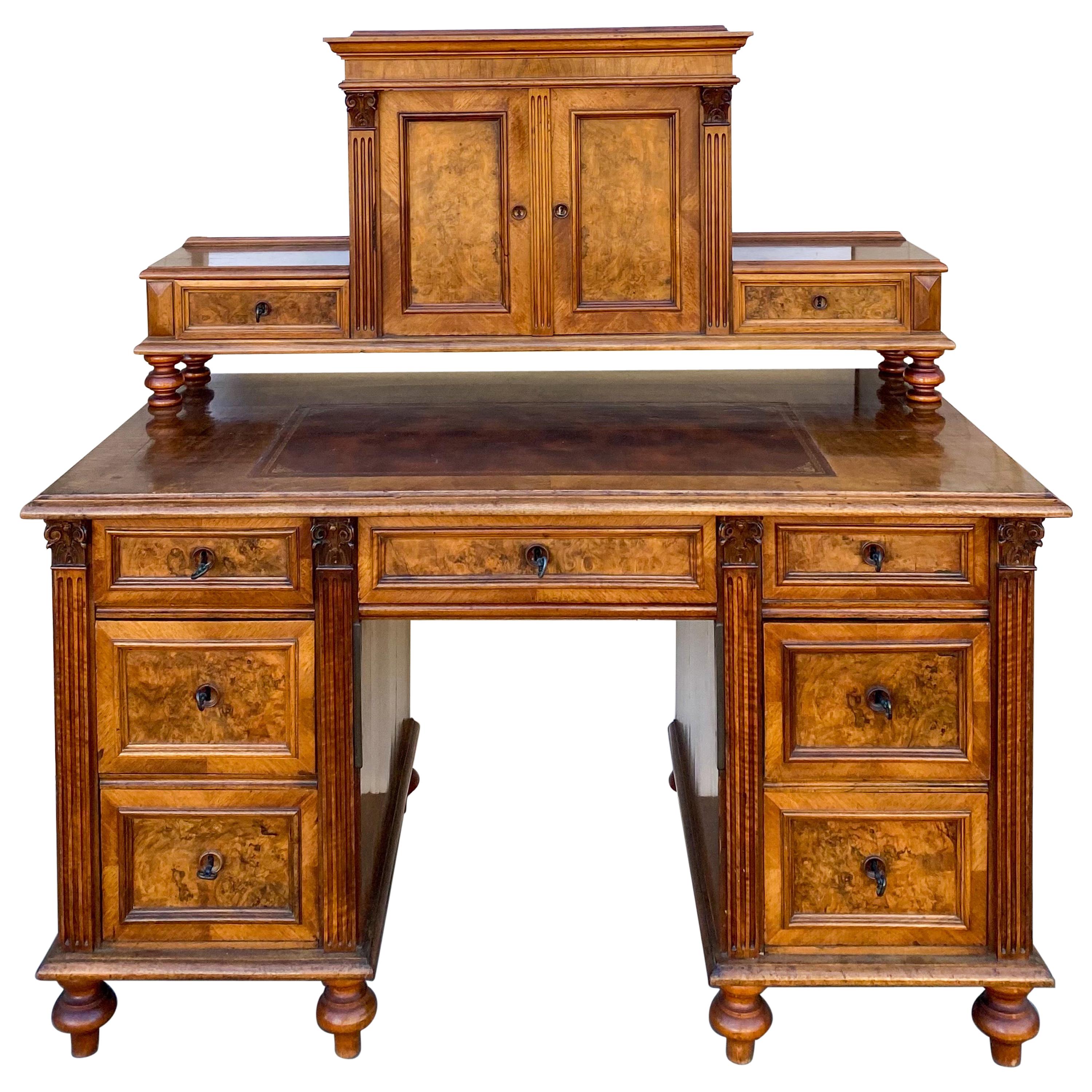 Victorian Burl Neoclassical Style Walnut and Tooled Leather Desk, circa 1900