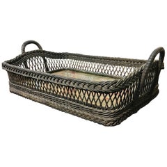 Circa 1900 Wicker Serving Tray With Original Glass and Tapestry Base