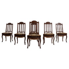 Set of Six Louis XV Dining Chairs, Dark Wood & Floral Tapestry