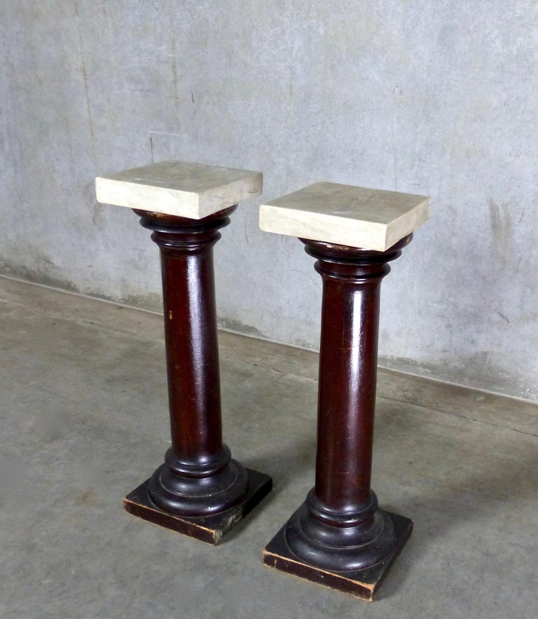 Wooden Pillars / Stands / Pedestals with Marble Tops, circa 1900 For