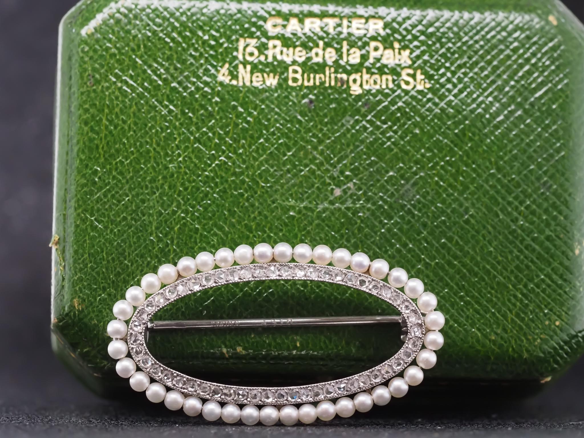 Item Details:
Metal Type: Platinum [Hallmarked, and Tested]
Weight: 5.7 grams
Item Details:
Metal Type: Platinum [Hallmarked, and Tested]
Weight: 5.7 grams

*Signed CARTIER, with serial number and French import marks.

Featuring natural pearls, and