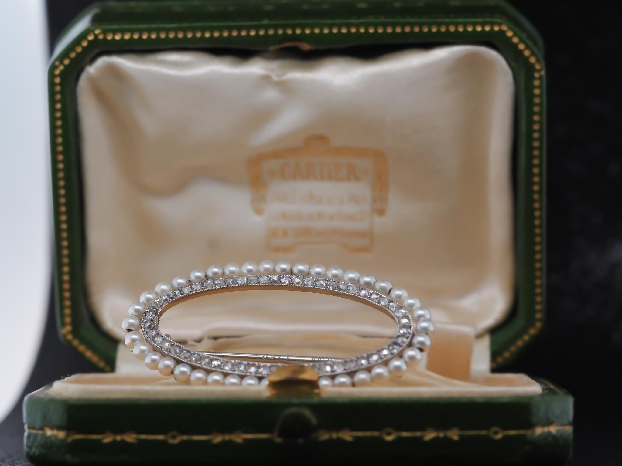 Women's Circa 1900Circa 1900s Edwardian CARTIER Pearl & Diamond Brooch with Original Box
