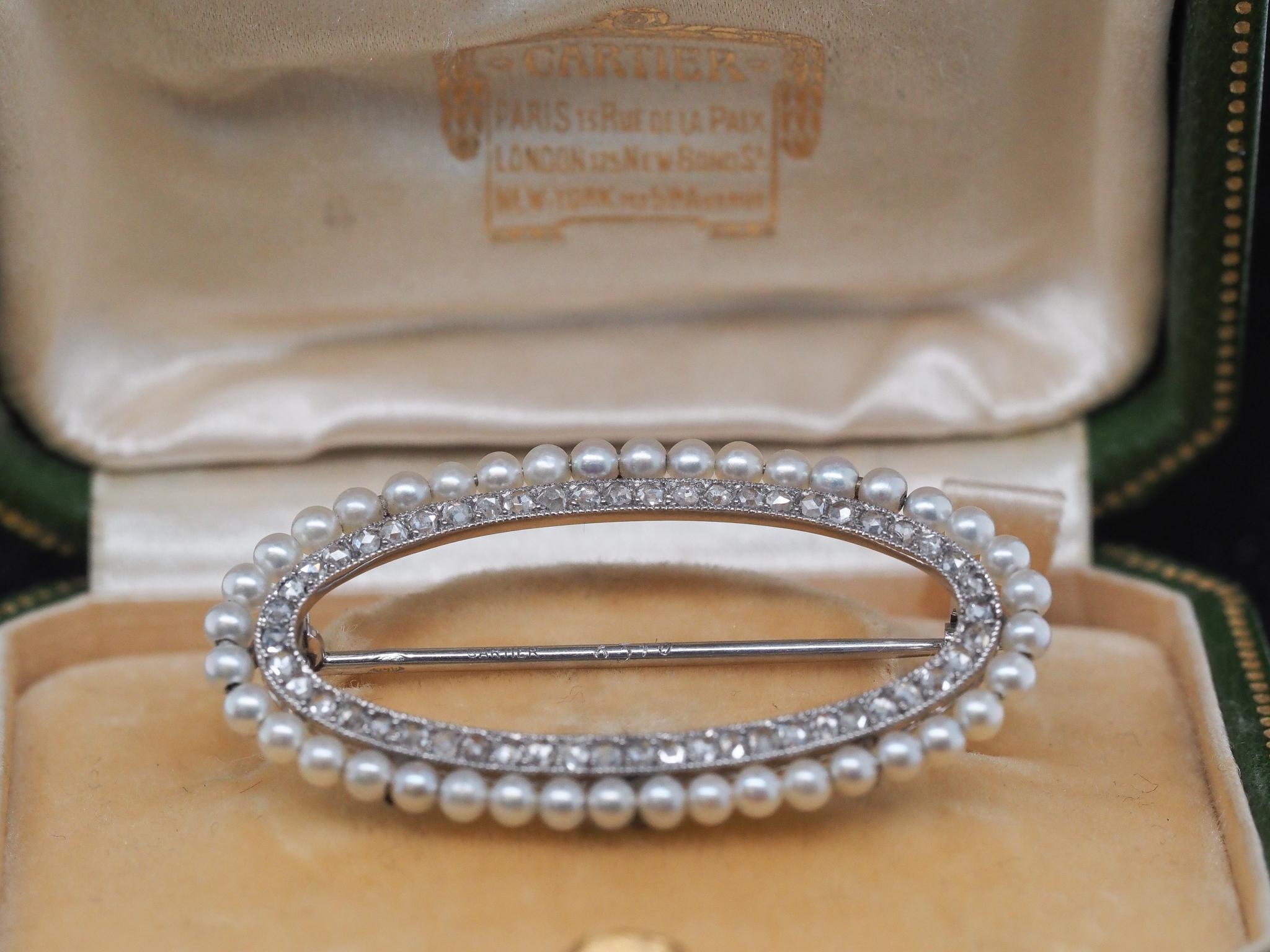 Circa 1900Circa 1900s Edwardian CARTIER Pearl & Diamond Brooch with Original Box 4