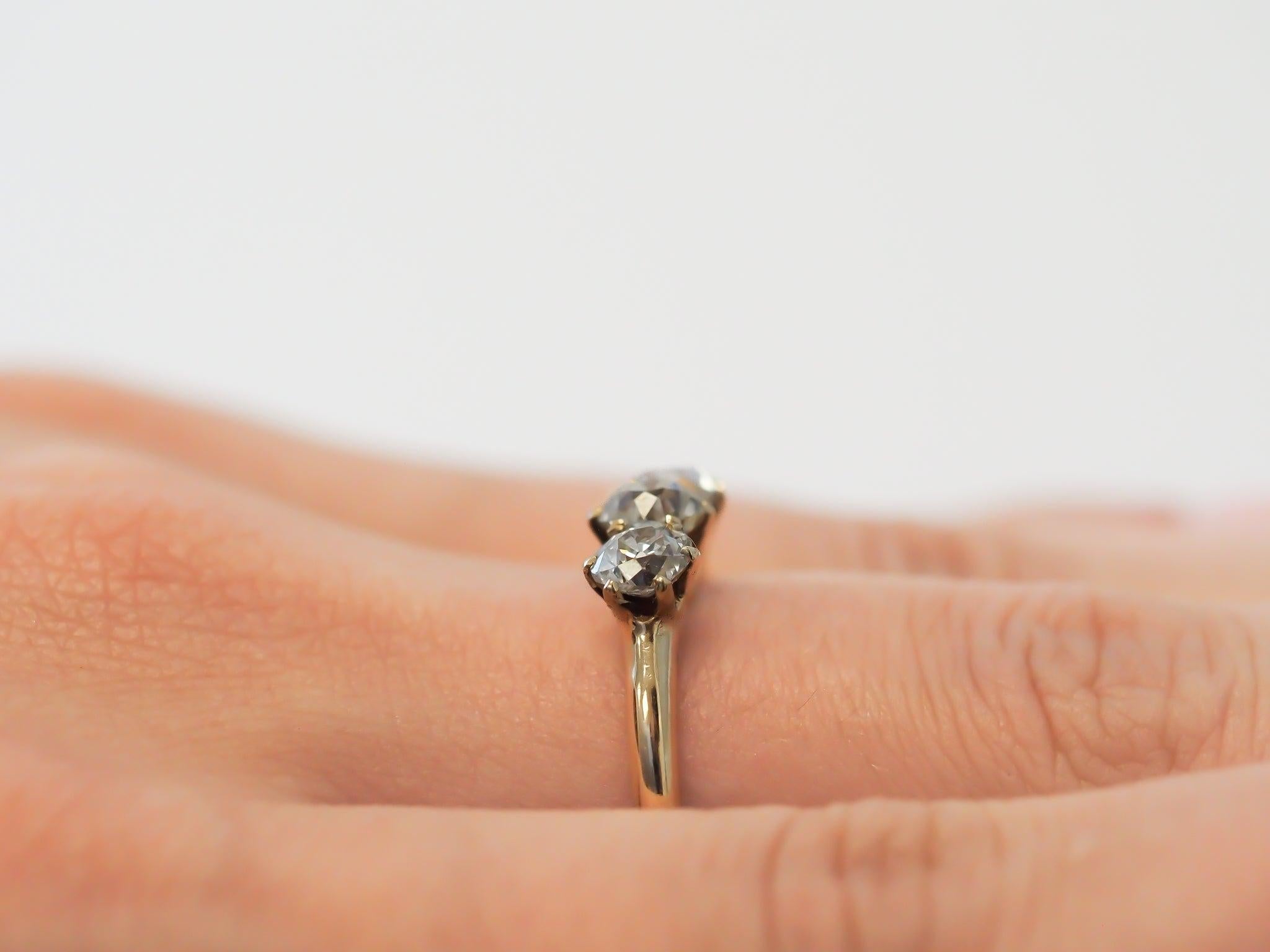 Old Mine Cut Circa 1900s 1.25cttw Old European Brilliant Diamond Three Stone Engagement Ring For Sale