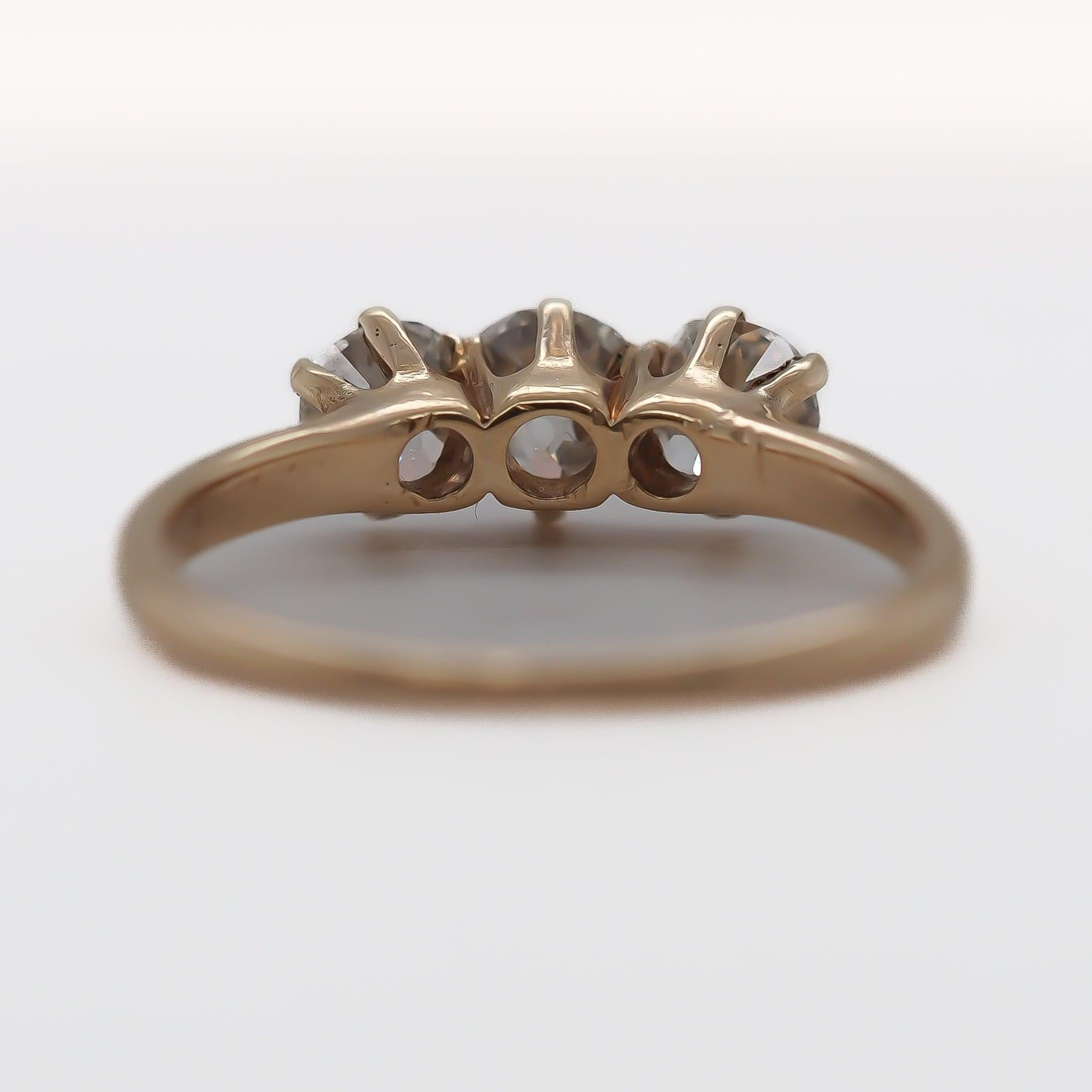 Circa 1900s 1.25cttw Old European Brilliant Diamond Three Stone Engagement Ring For Sale 1
