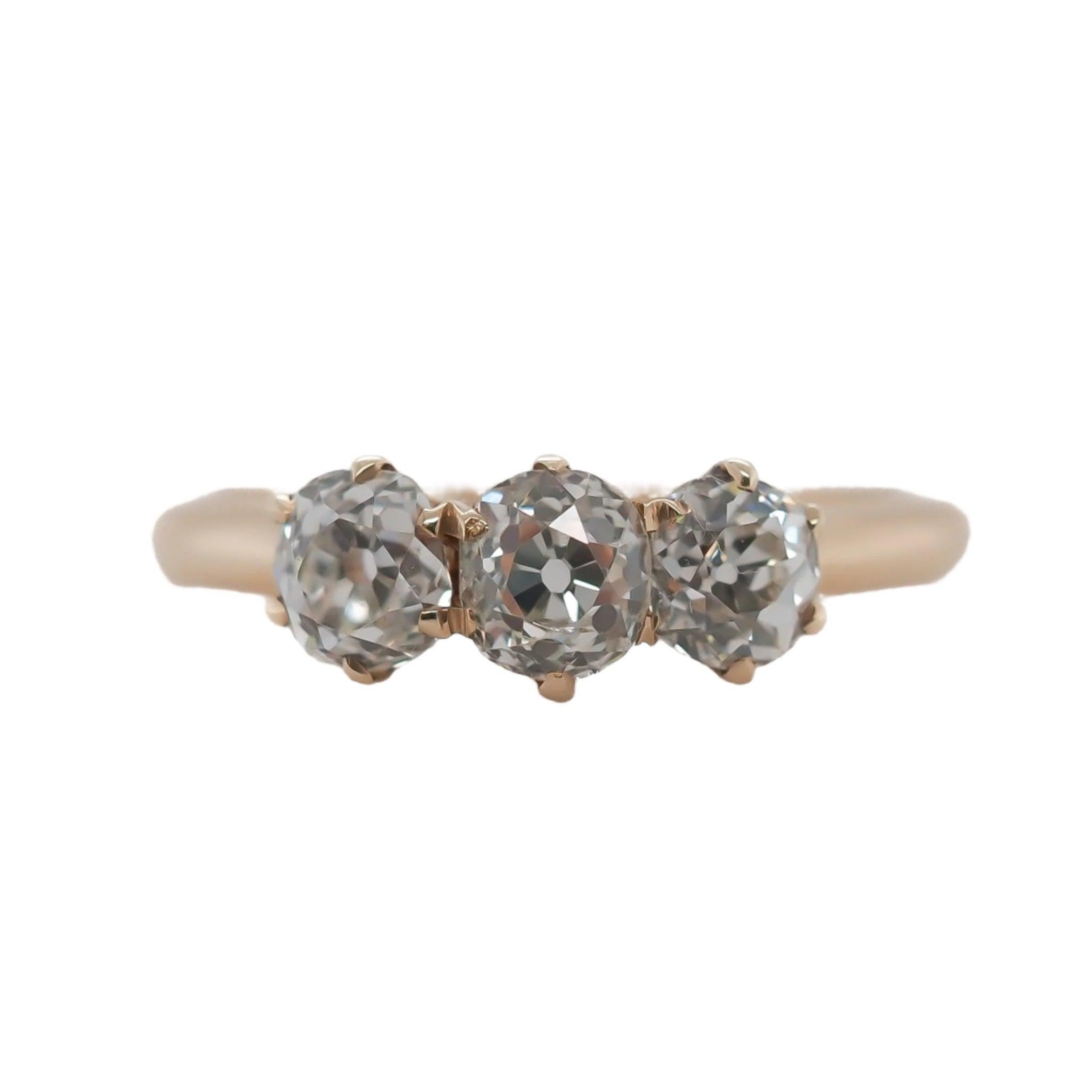 Circa 1900s 1.25cttw Old European Brilliant Diamond Three Stone Engagement Ring For Sale 2