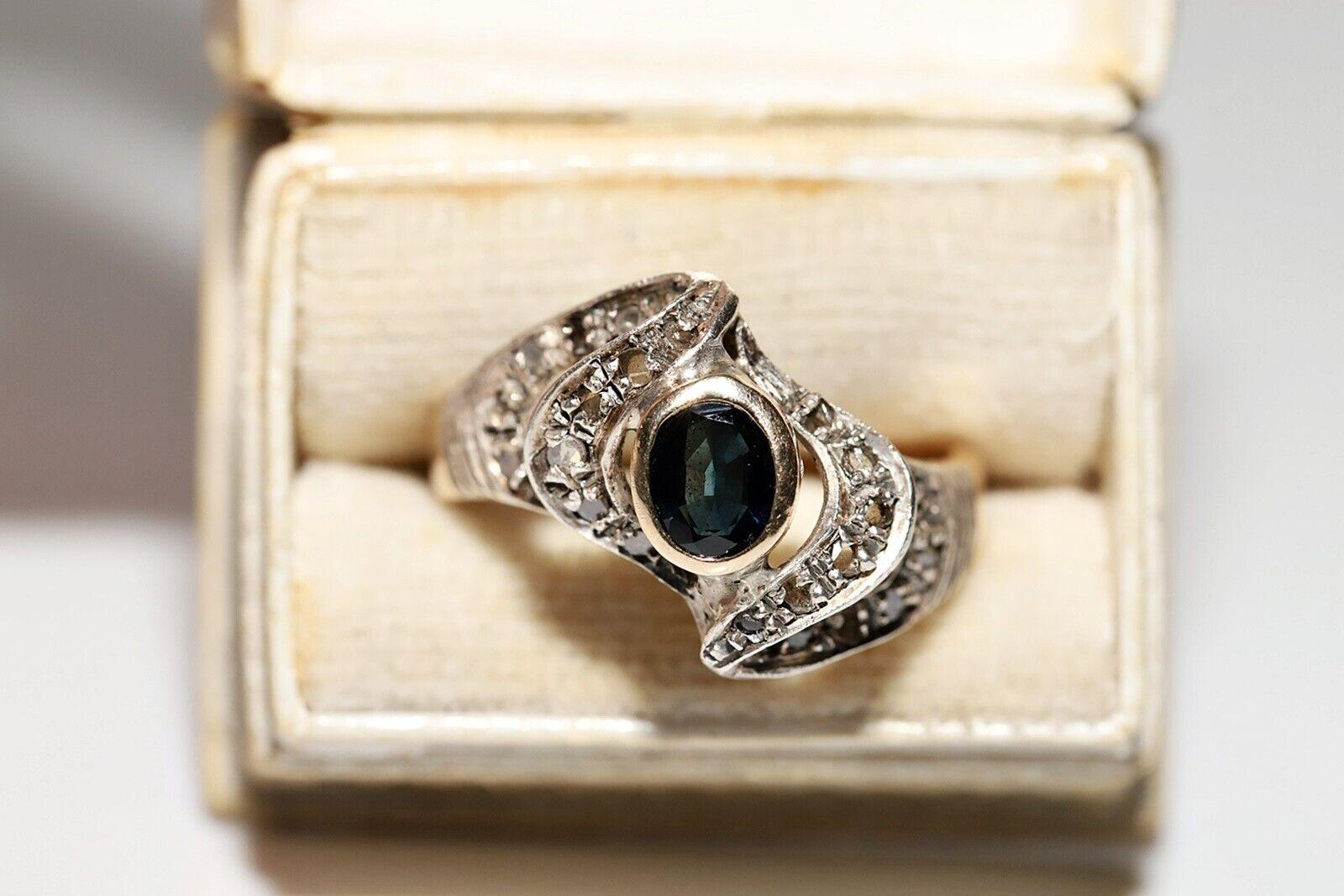 Circa 1900s 14k Gold Top Silver Natural Rose Cut Diamond And Sapphire Ring For Sale 5
