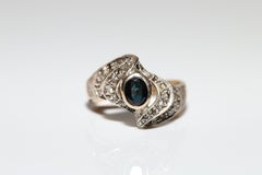 Circa 1900s 14k Gold Top Silver Natural Rose Cut Diamond And Sapphire Ring