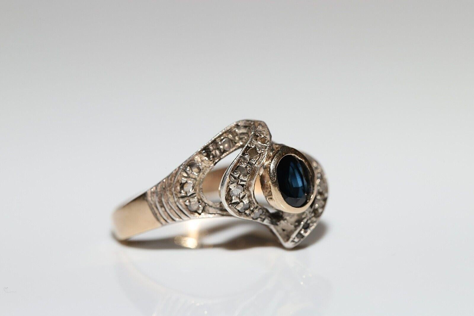 Victorian Circa 1900s 14k Gold Top Silver Natural Rose Cut Diamond And Sapphire Ring For Sale