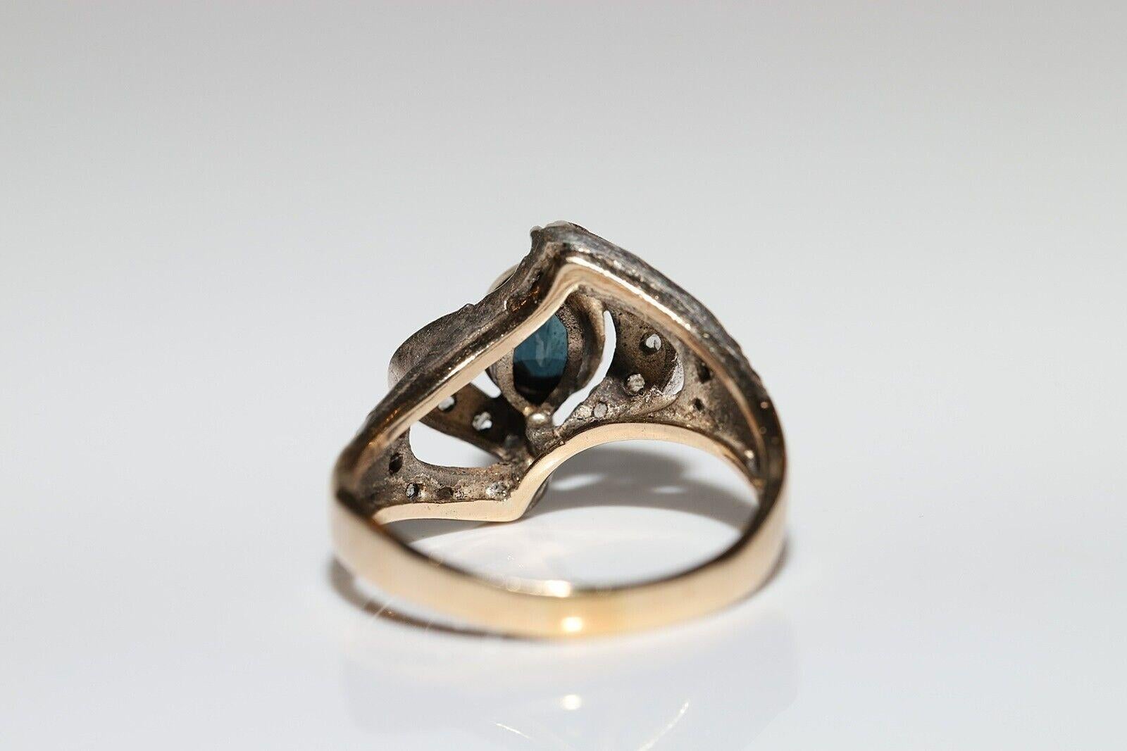 Women's Circa 1900s 14k Gold Top Silver Natural Rose Cut Diamond And Sapphire Ring For Sale