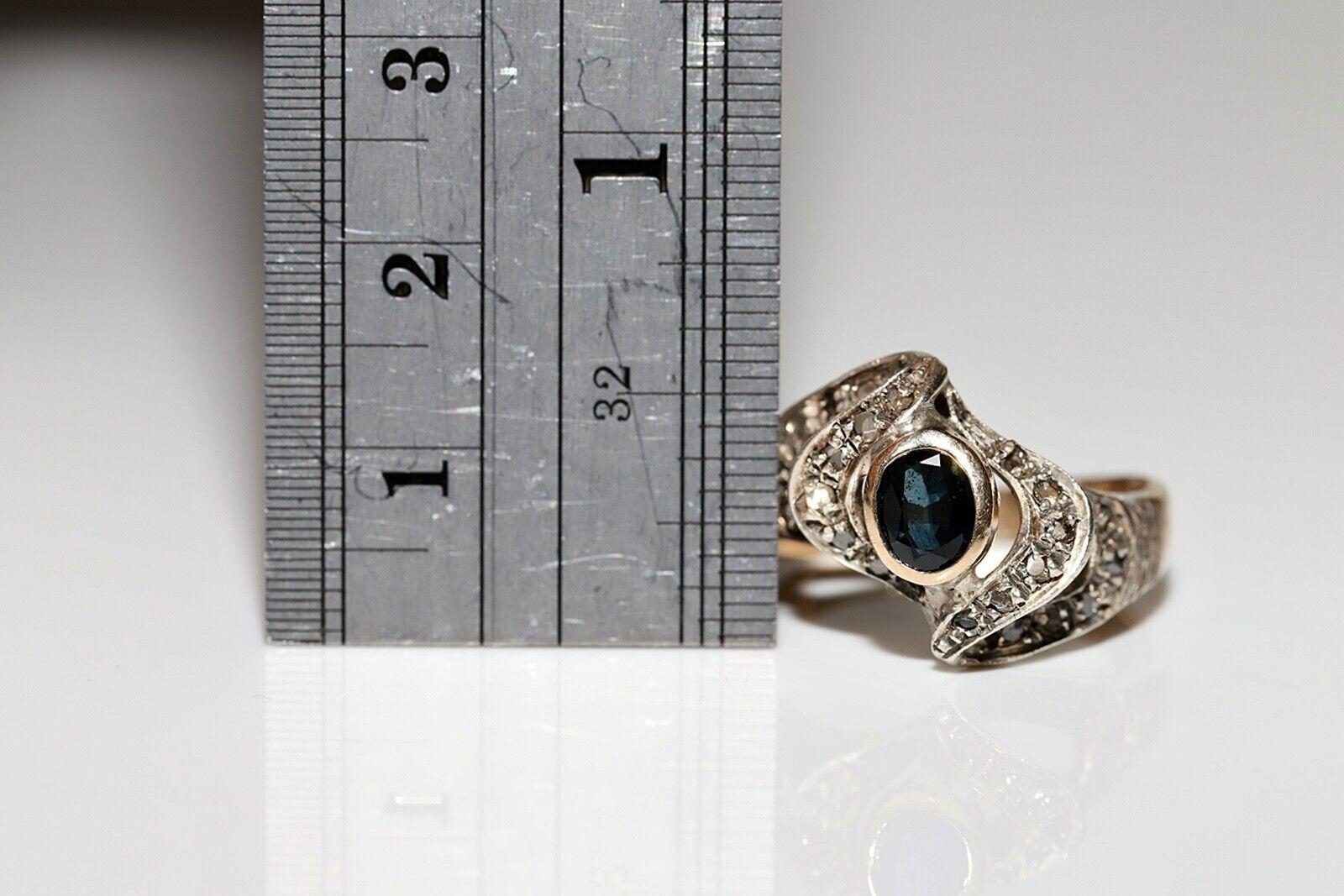 Circa 1900er Jahre 14k Gold Top Silber Natürlicher Rosenschliff Diamant und Saphir Ring im Angebot 1