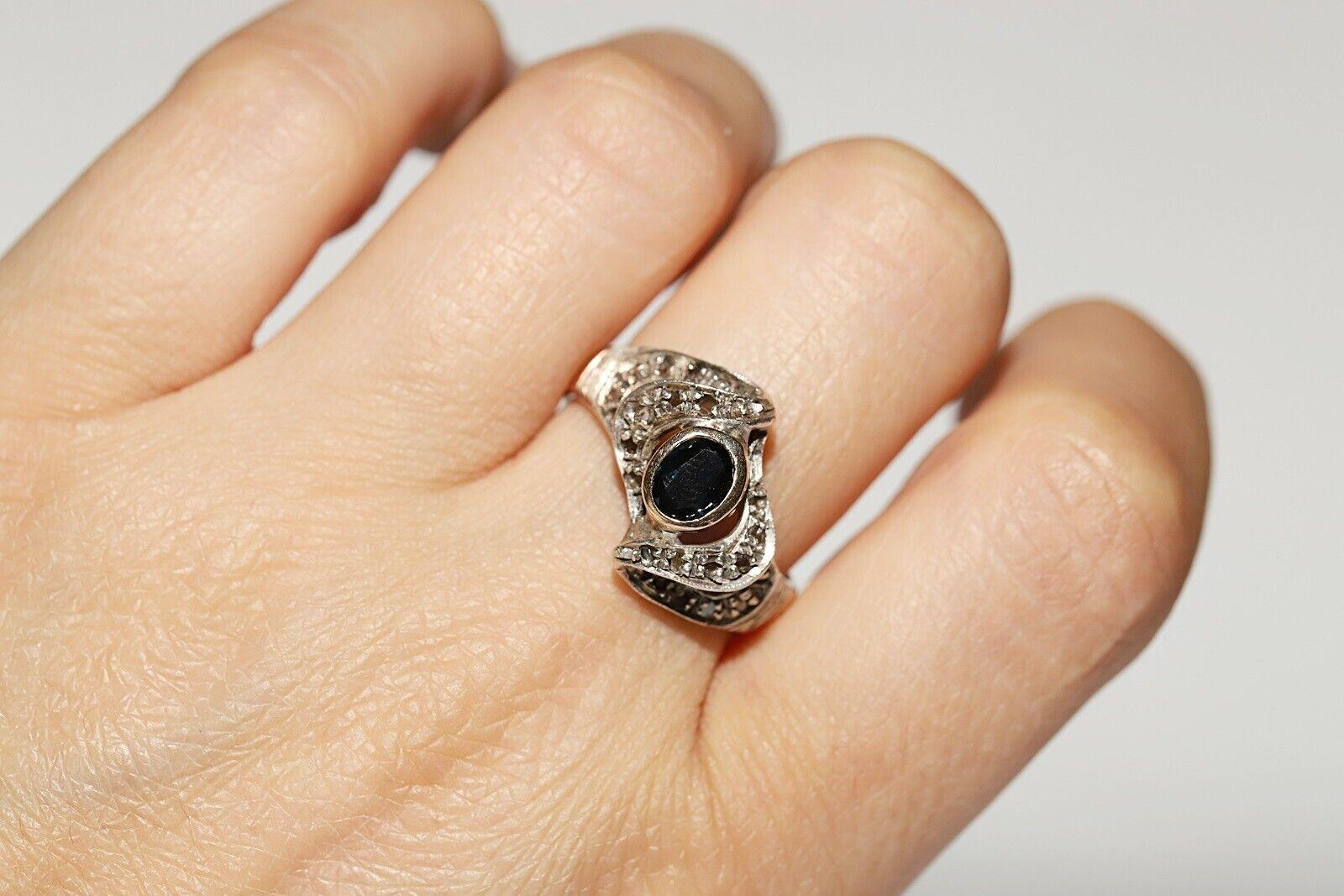 Circa 1900er Jahre 14k Gold Top Silber Natürlicher Rosenschliff Diamant und Saphir Ring im Angebot 3