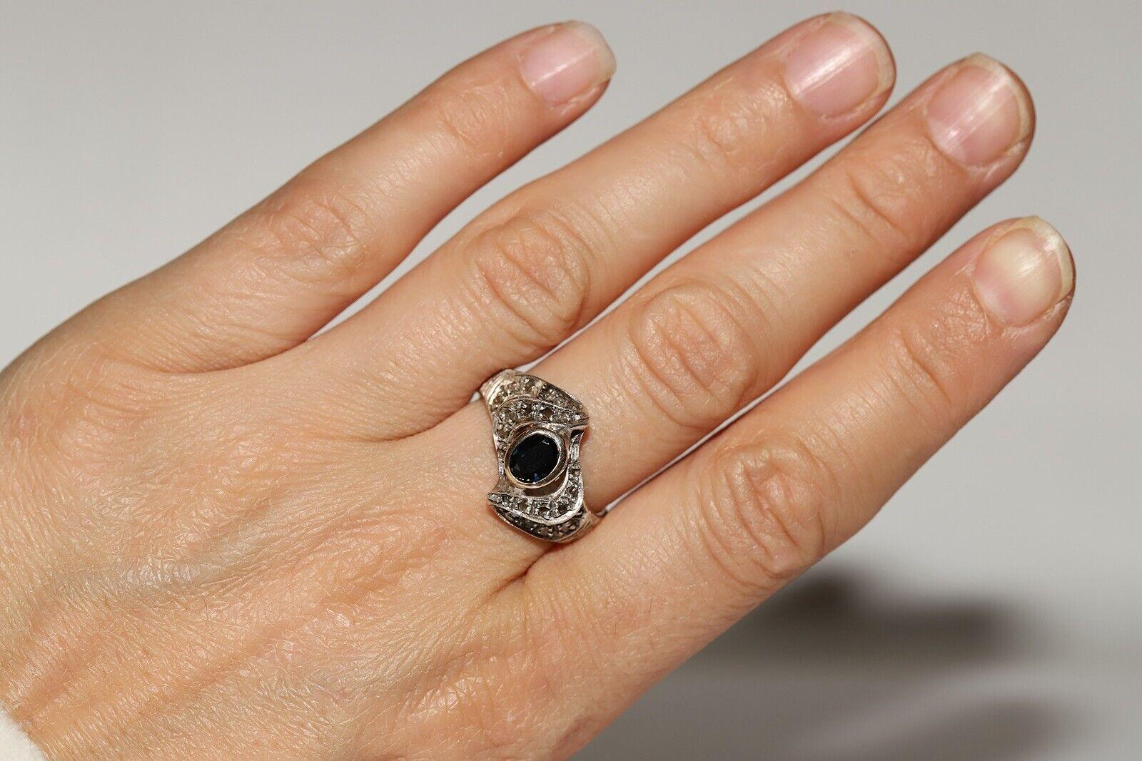 Circa 1900er Jahre 14k Gold Top Silber Natürlicher Rosenschliff Diamant und Saphir Ring im Angebot 4