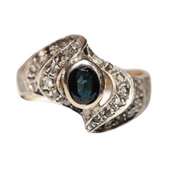 Circa 1900s 14k Gold Top Silver Natural Rose Cut Diamond And Sapphire Ring