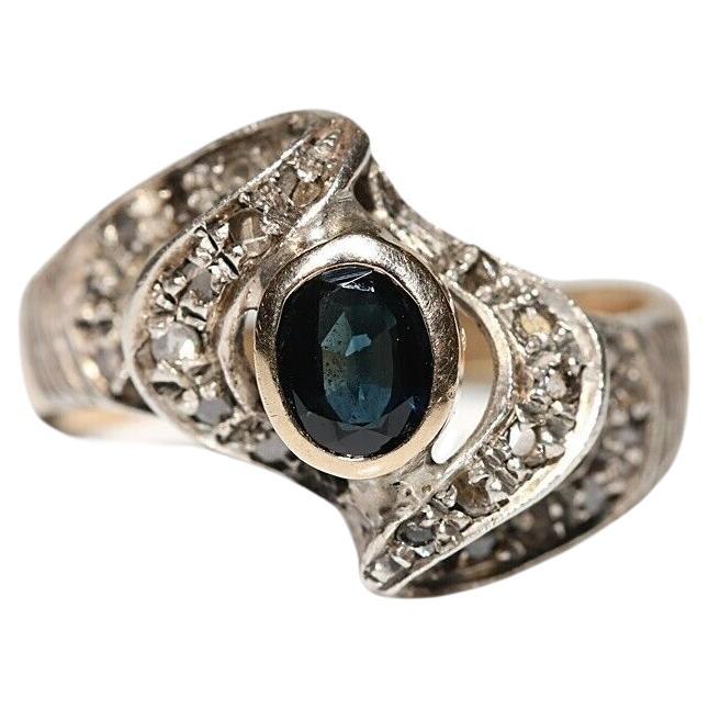 Circa 1900s 14k Gold Top Silver Natural Rose Cut Diamond And Sapphire Ring