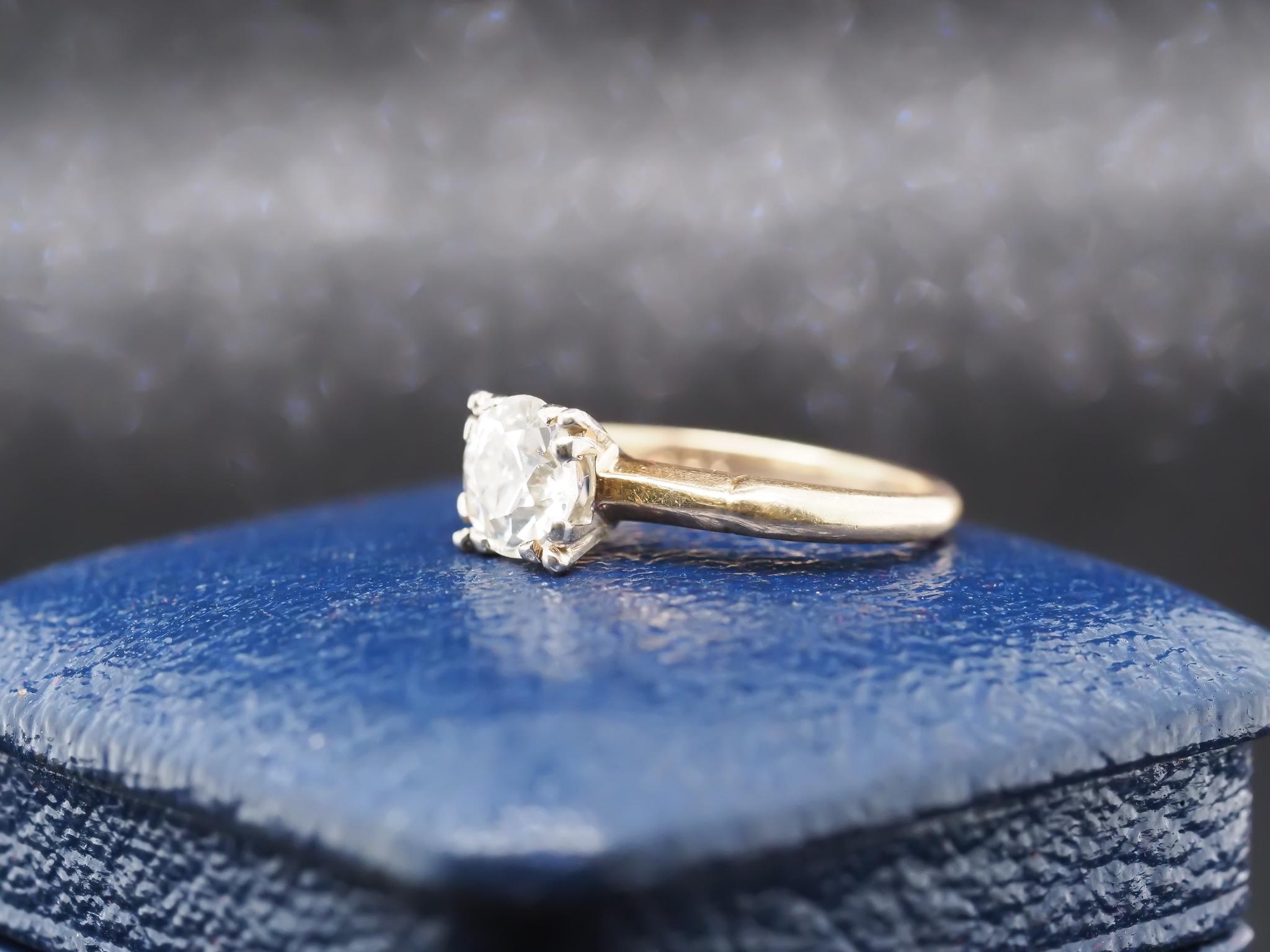 Circa 1900s 14K Yellow Gold .90ct Old European Diamond Engagement Ring For Sale 1
