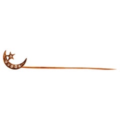 Circa 1900s 14K Yellow Gold and Pearl Moon Stick Pin