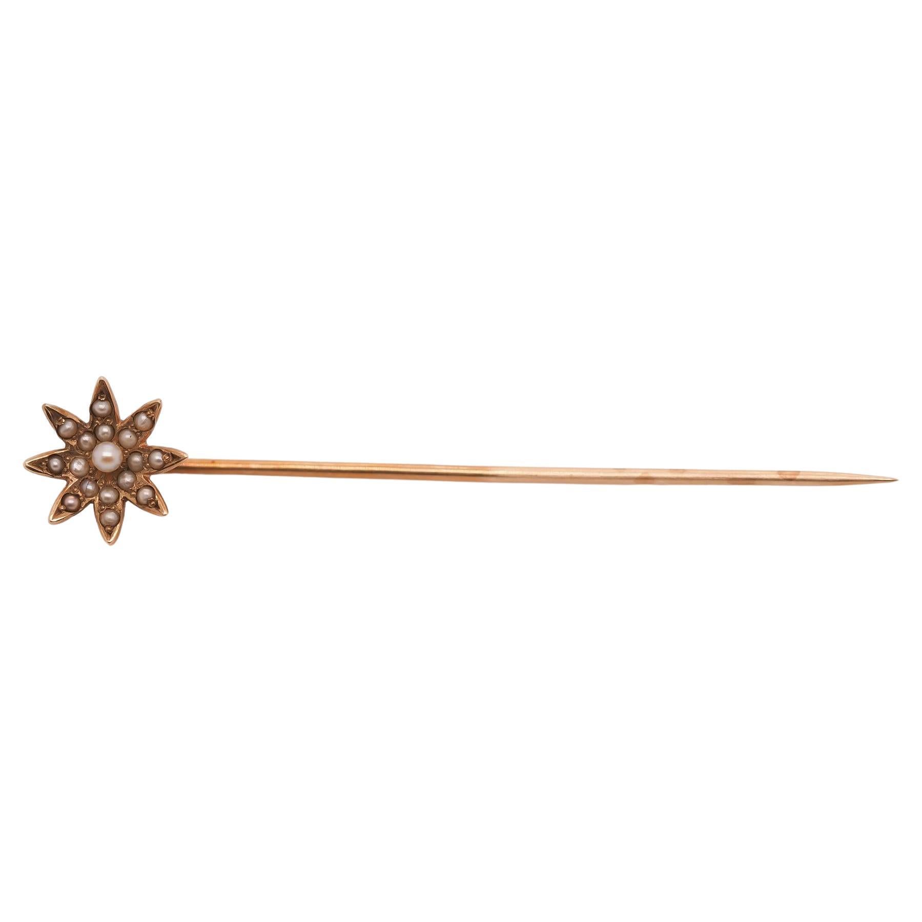 Circa 1900s 14K Yellow Gold and Pearl Starburst Stick Pin