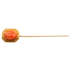 Circa 1900s 14K Yellow Gold Coral Stick Pin