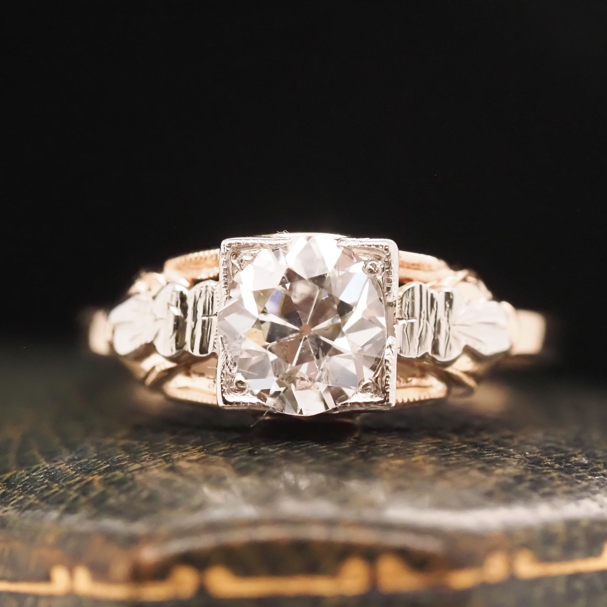 Year: 1900s
Item Details:
Ring Size: 7.25 (Sizable)
Metal Type: 14K Yellow Gold [Hallmarked, and Tested]
Weight: 2.2 grams
Diamond Details: 1.08ct, Old European Brilliant, I Color, I1 Clarity, Natural Diamond
Band Width: 1.7mm
Condition: