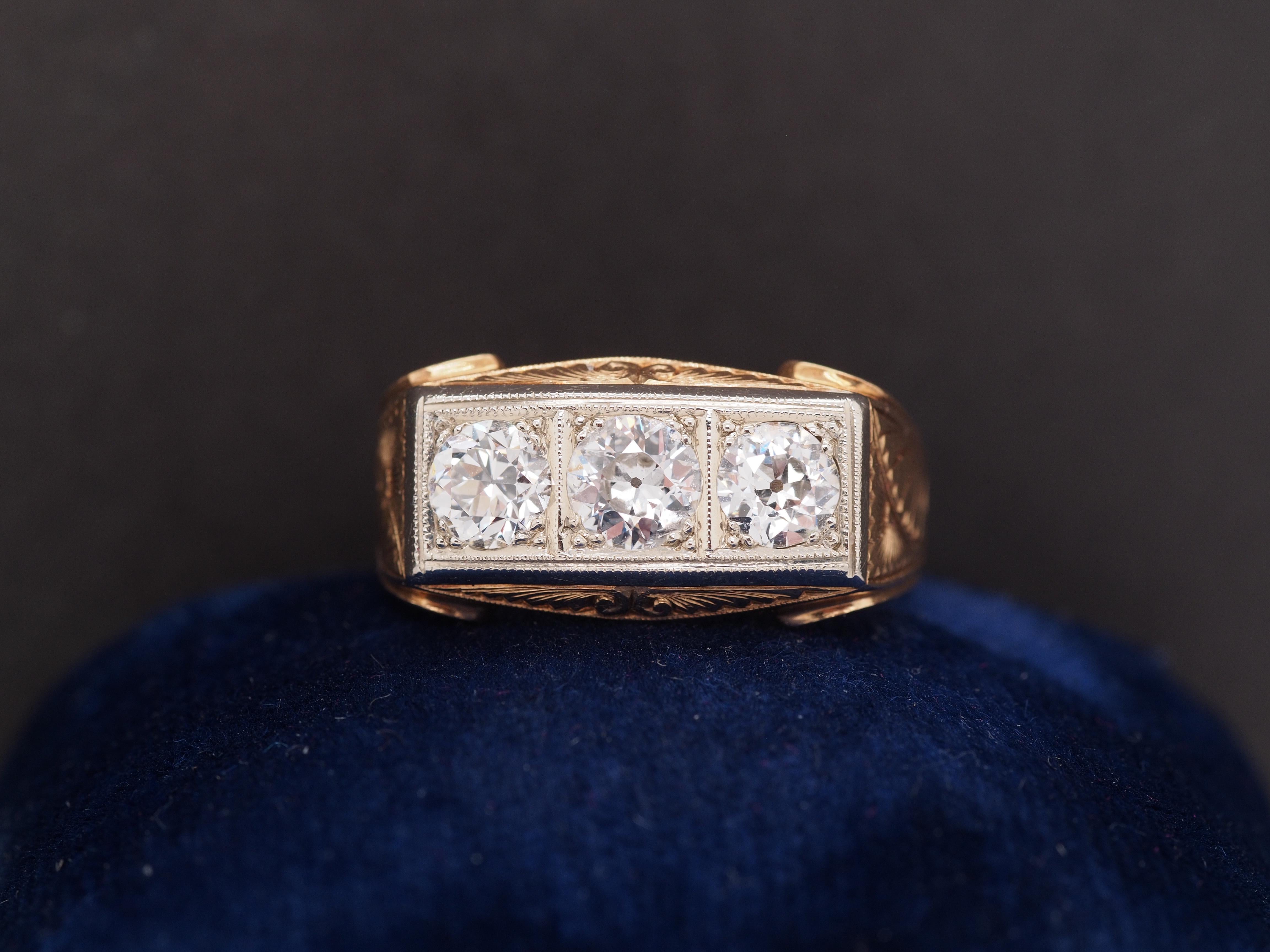 Year: 1900s
Item Details:
Ring Size: 10
Metal Type: 14K Yellow Gold [Hallmarked, and Tested]
Weight: 8.2 grams
Diamond Details
Center Diamond: .50ct, Old European Brilliant, Natural Diamond, I Color, SI Clarity
Side Diamonds: .80ct total weight, Old